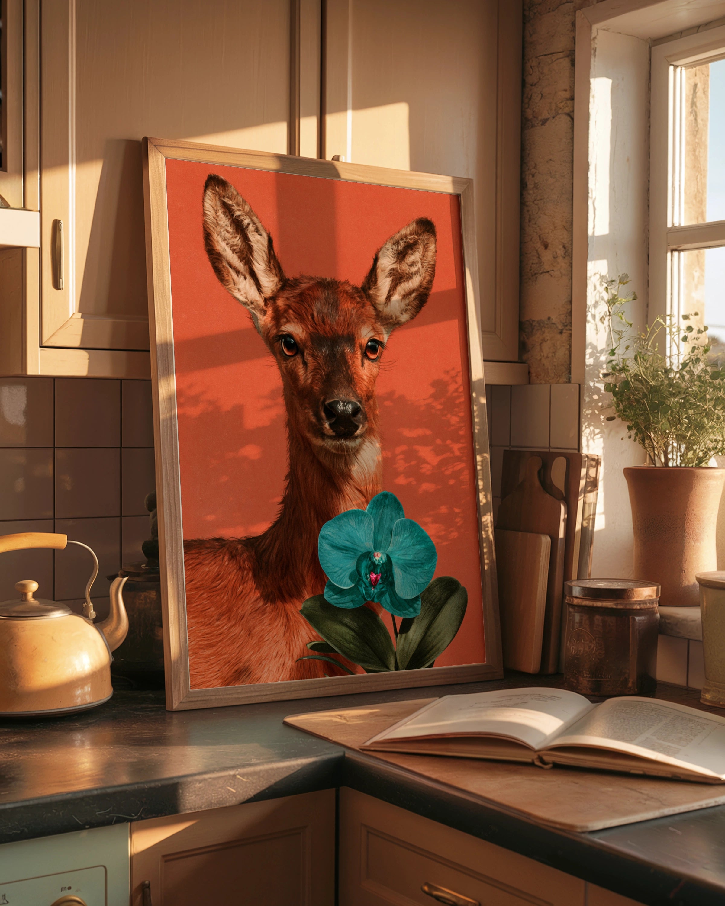 Deer with Orchid Flower Poster, Bold Orange Wildlife Wall Art Print