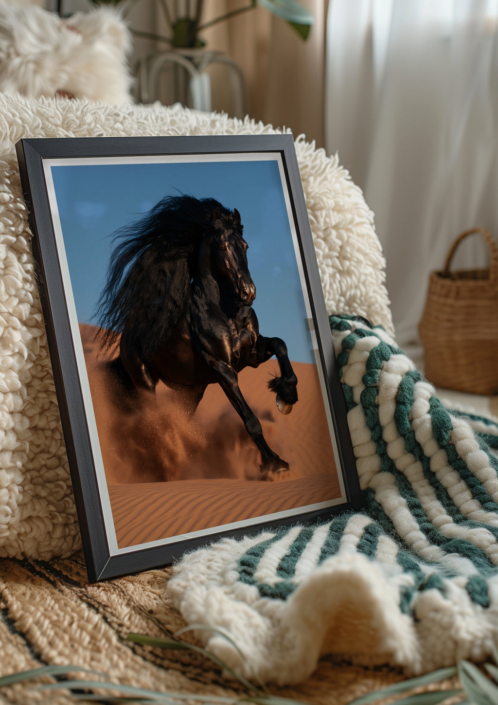 Black Friesian Horse Desert Sand Dunes Poster, Dramatic Equine Wall Art
