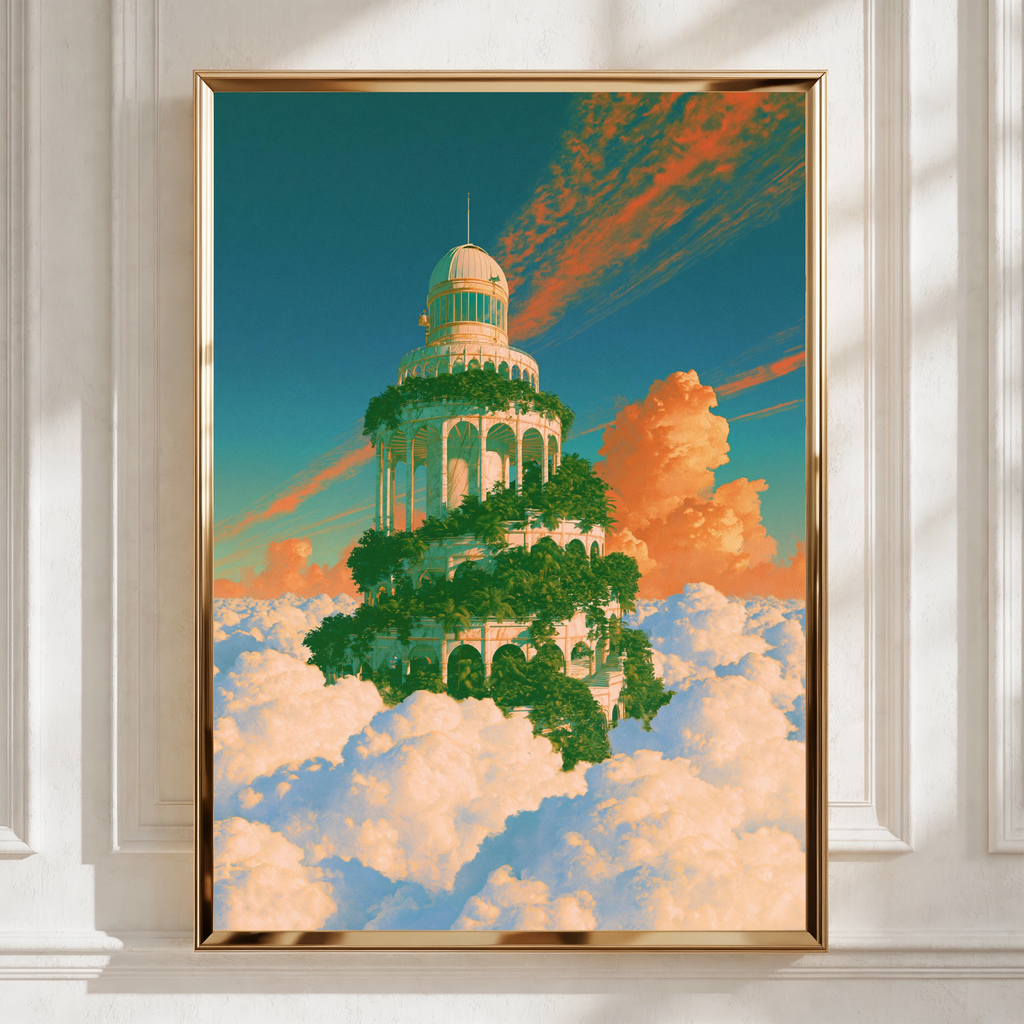 Sky Tower Fantasy Art Poster, Dreamy Cloud Architecture, Surreal Teal Orange Print