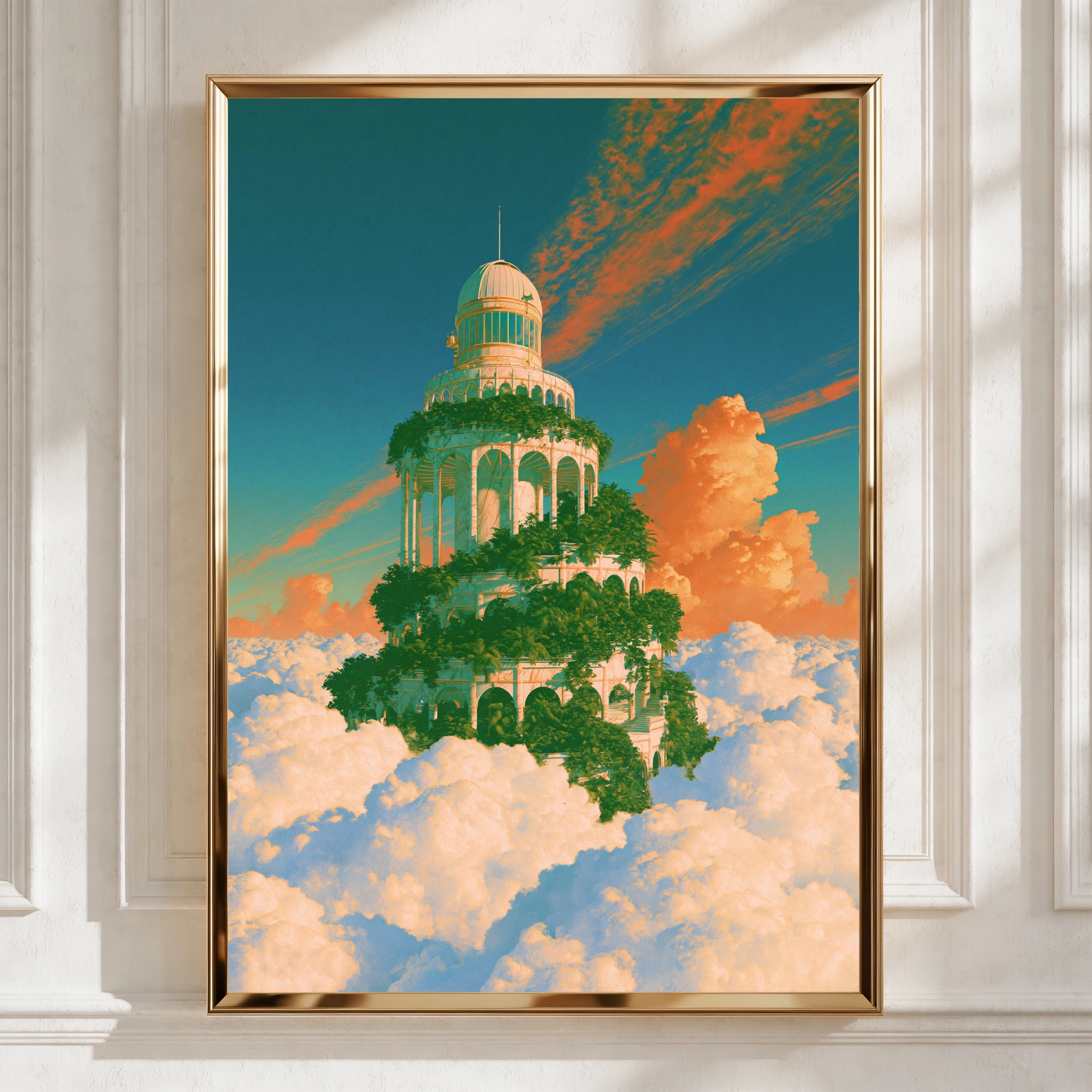 Sky Tower Fantasy Art Poster, Dreamy Cloud Architecture, Surreal Teal Orange Print