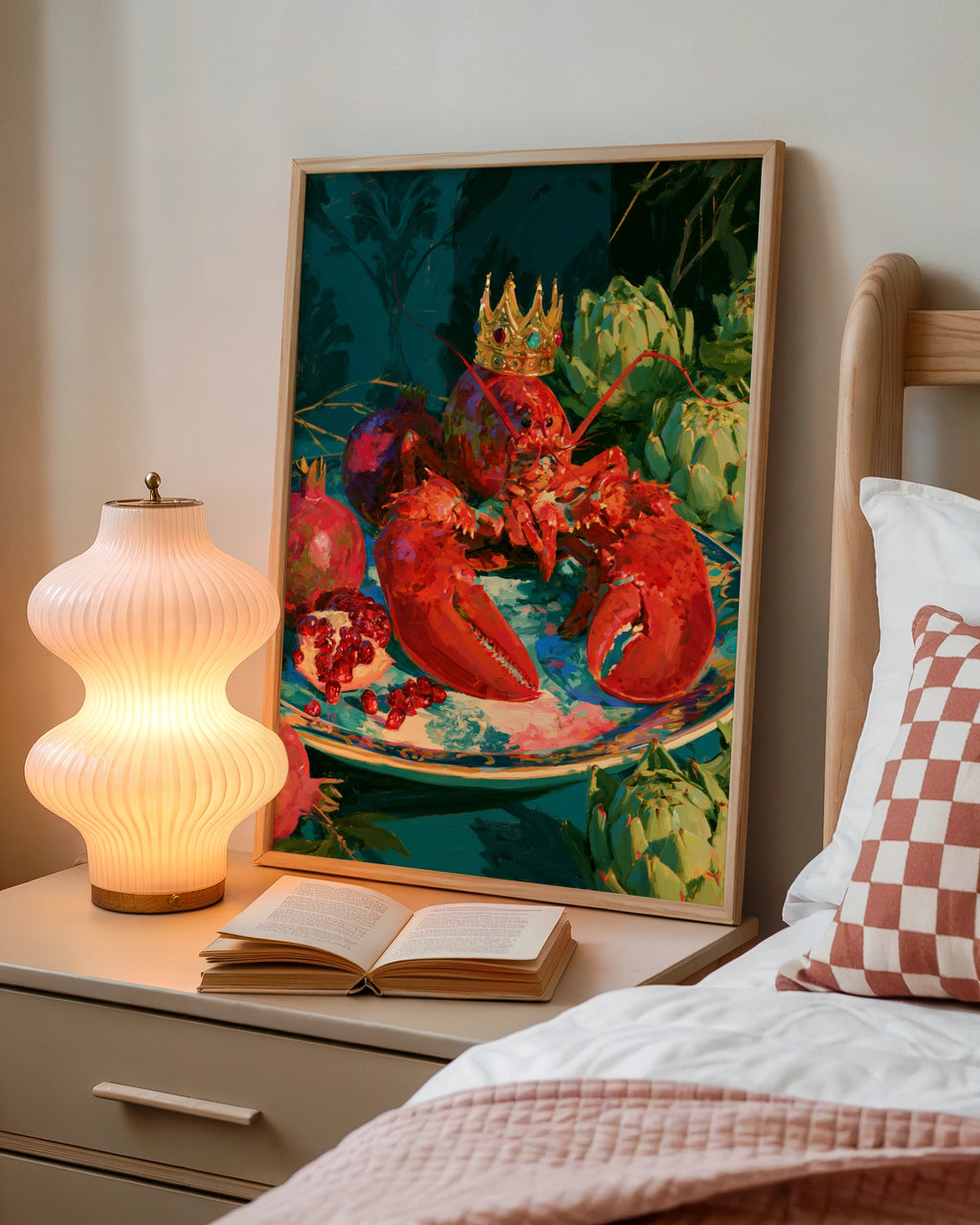 Crowned Lobster Artichokes Still Life Poster, Bold Maximalist Wall Art Print
