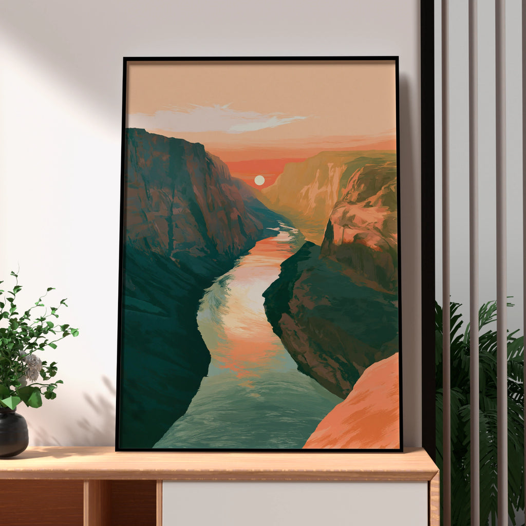 Canyon Sunset River Poster, Boho Landscape Wall Art, Terracotta Print