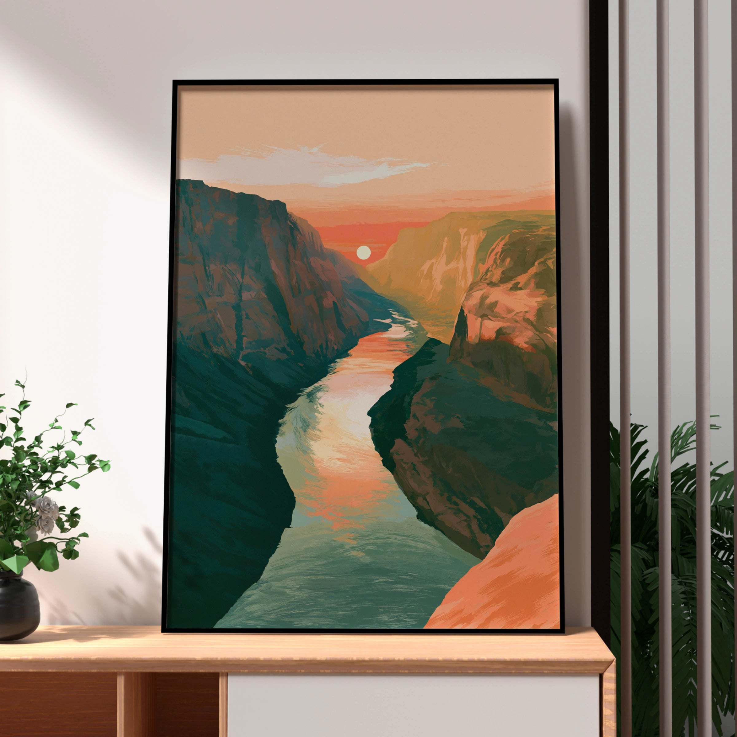 Canyon Sunset River Poster, Boho Landscape Wall Art, Terracotta Print