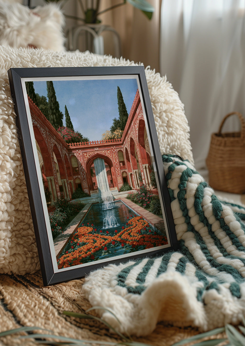 Indian Palace Courtyard Poster, Mughal Garden Art, Red Sandstone Architecture Print