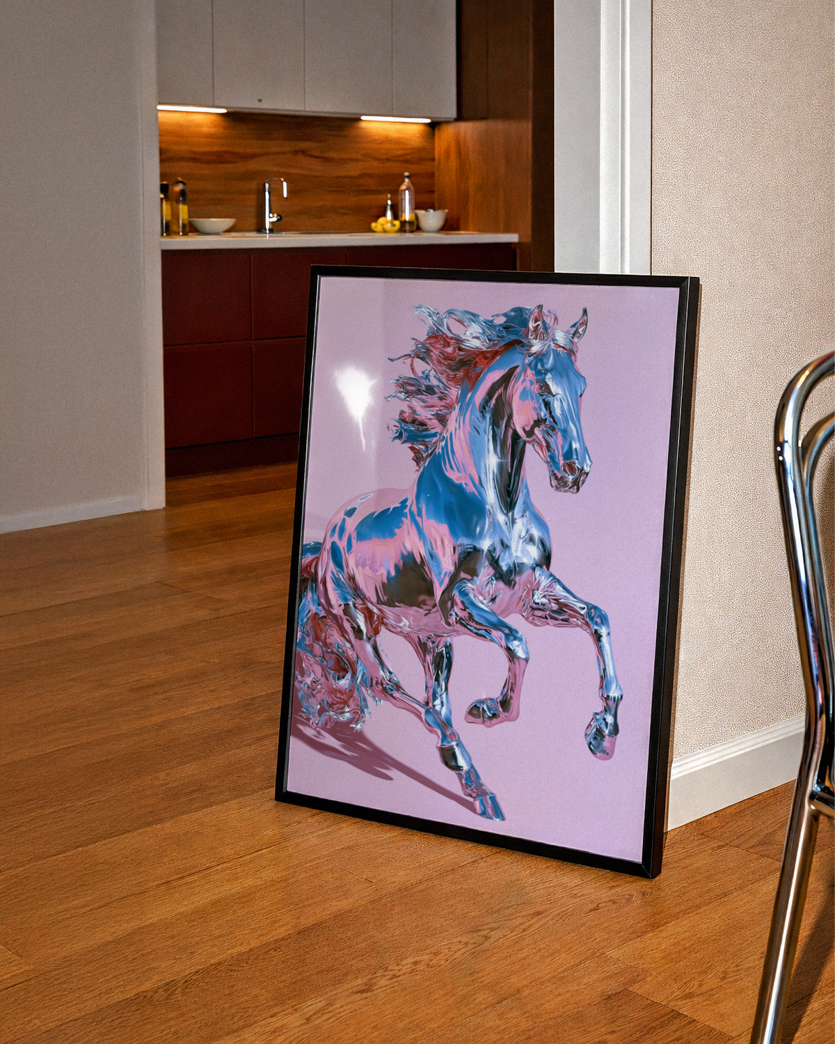 Chrome Horse Poster, Rearing Stallion Print, Pink Metallic Wall Art