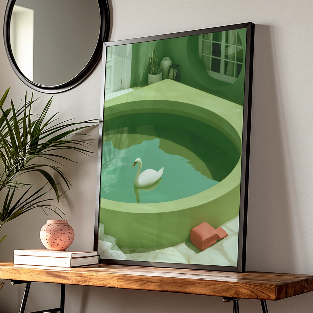 Swan in Green Pool Poster, Surreal Minimalist Wall Art Print