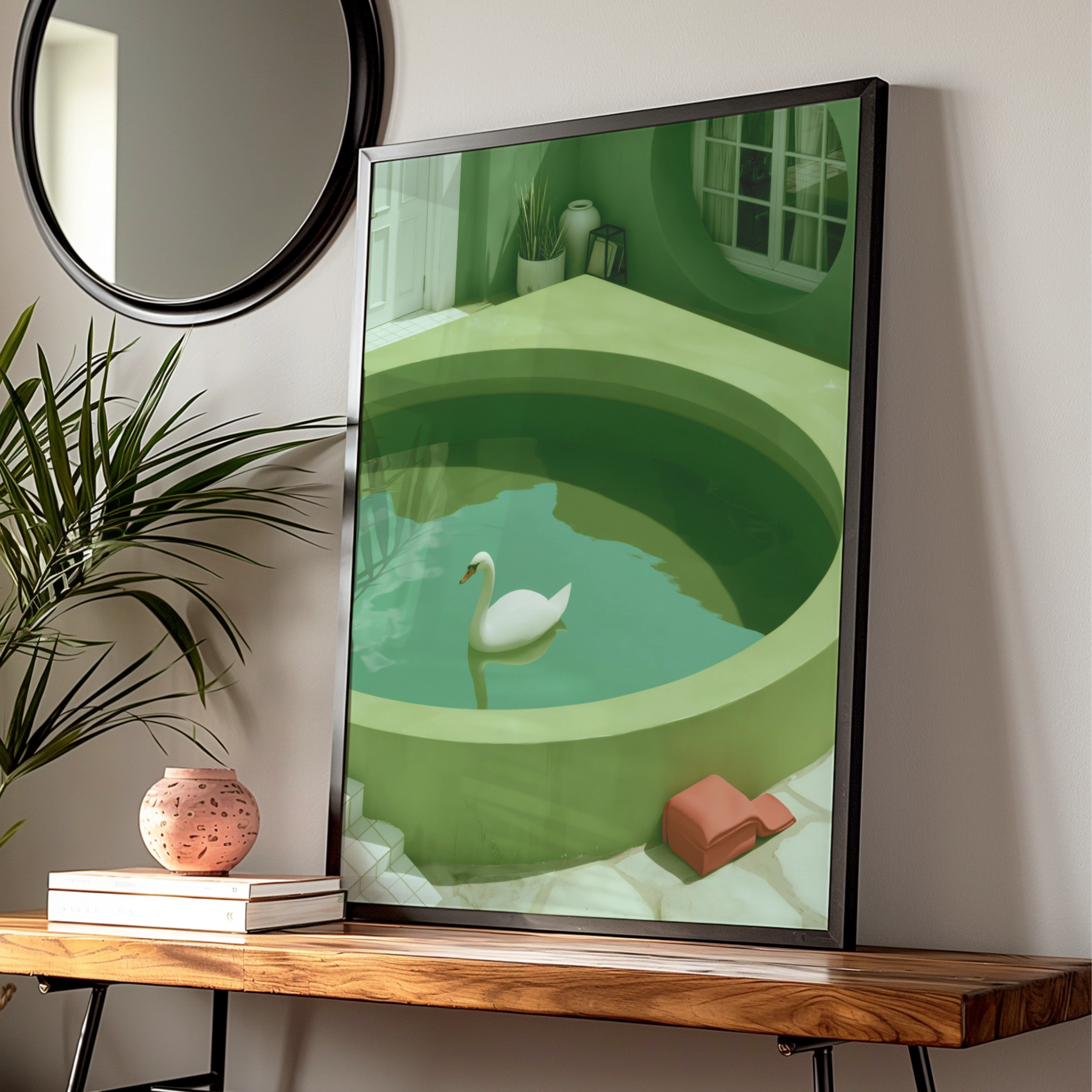 Swan in Green Pool Poster, Surreal Minimalist Wall Art Print