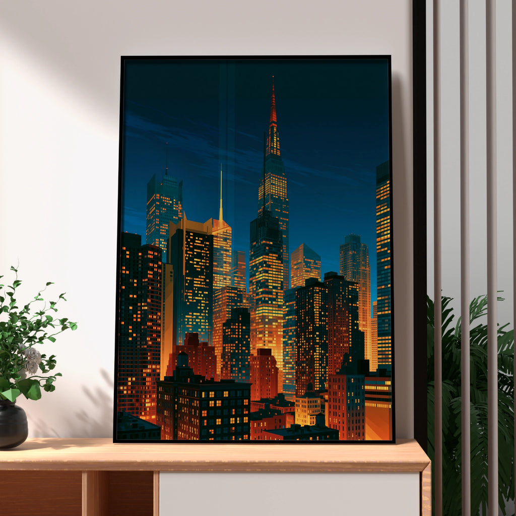 City Skyline Night Poster, Skyscrapers Print, Urban Wall Art, Retro Style