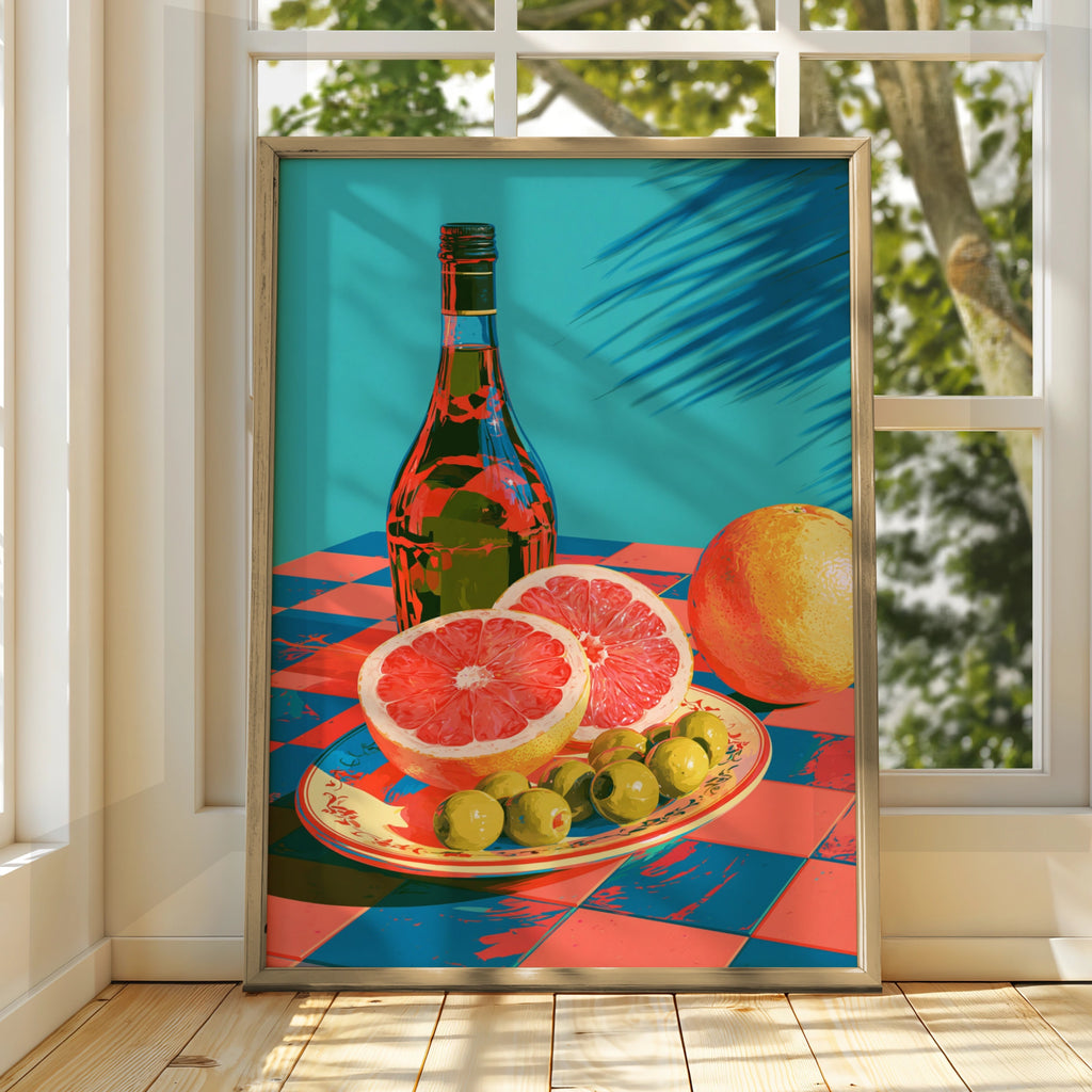 Orange Olive Oil Lemon Still Life Poster, Bold Retro Kitchen Wall Art Print