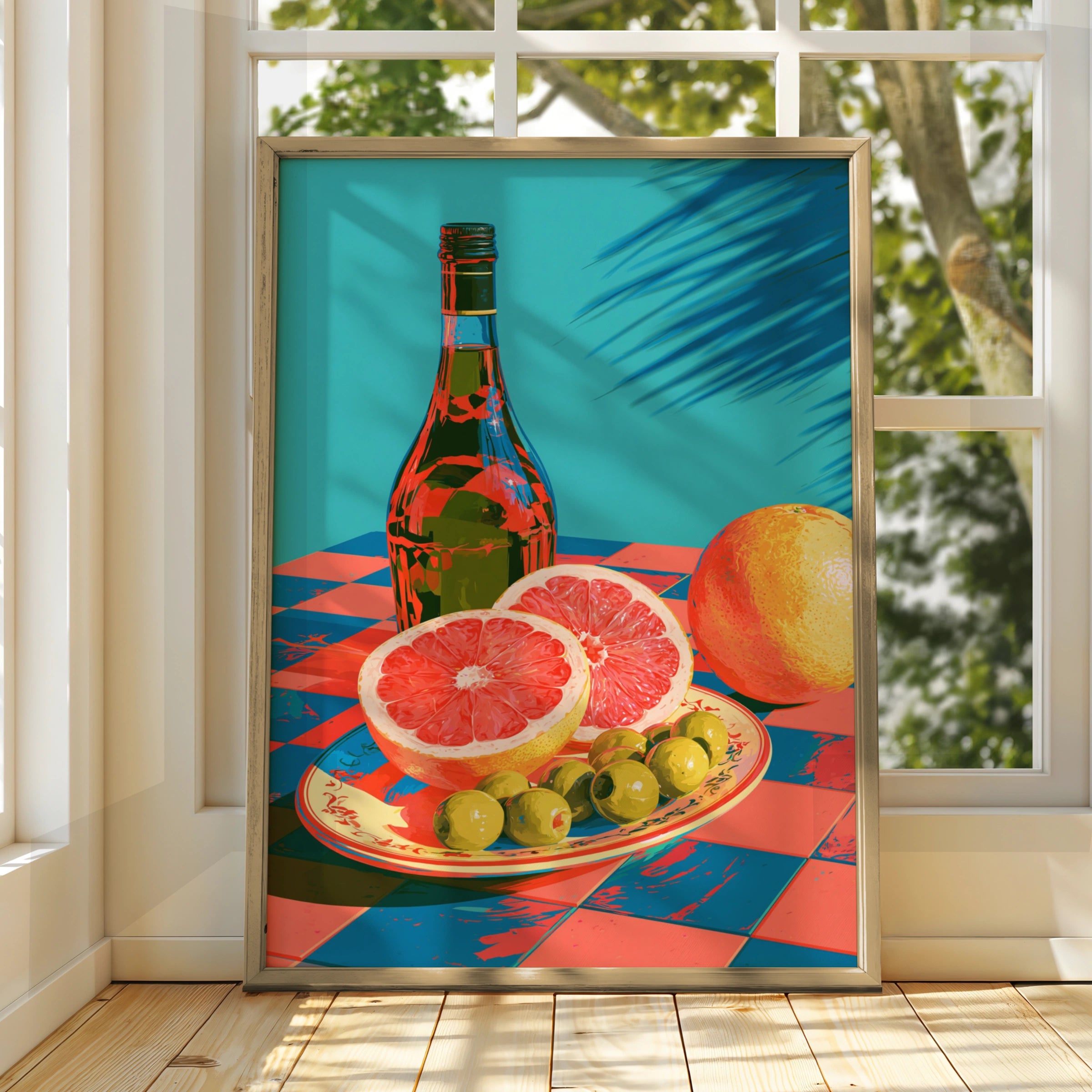 Orange Olive Oil Lemon Still Life Poster, Bold Retro Kitchen Wall Art Print