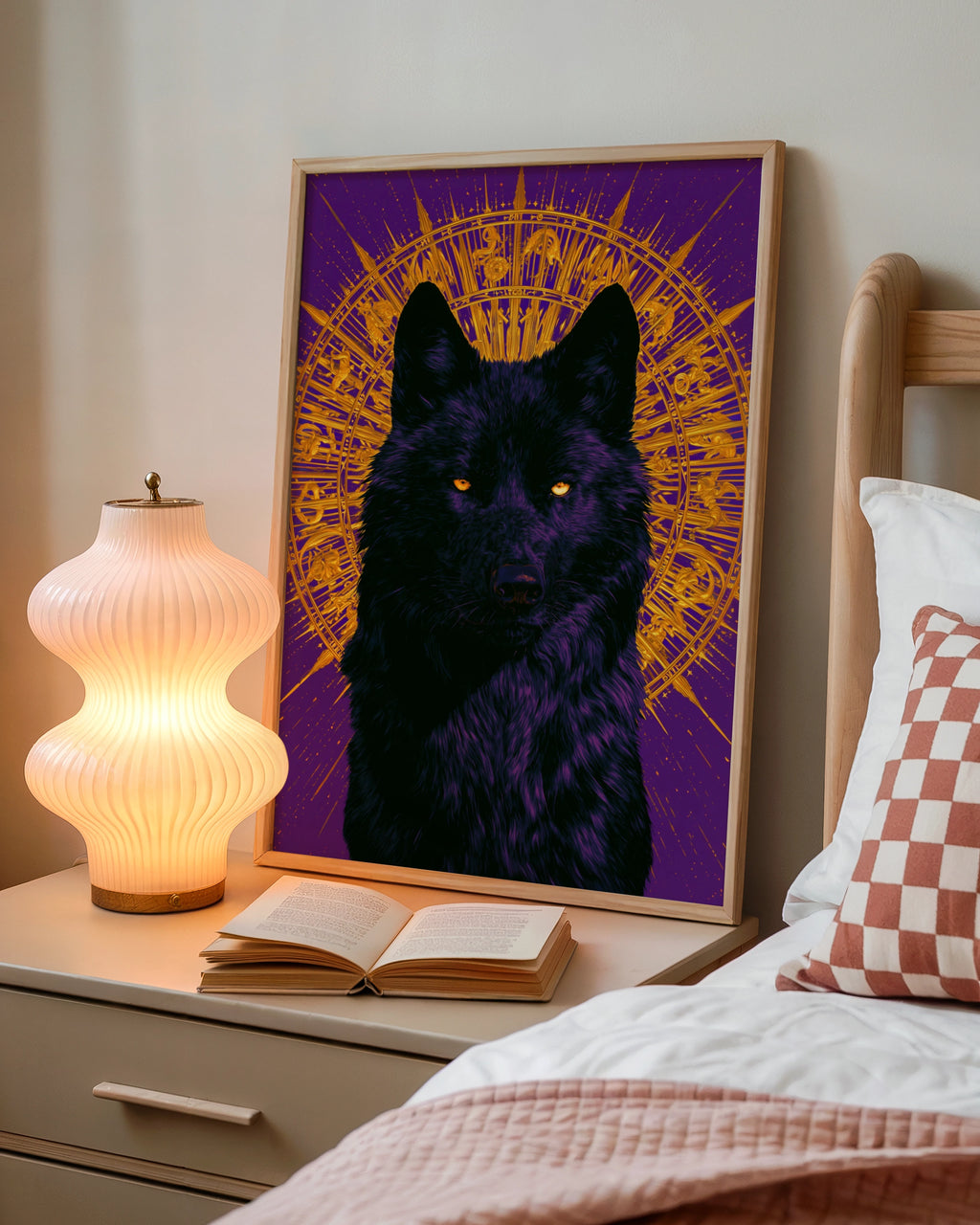 Black Wolf Black Sun Poster, Purple Gold Mystical Wall Art, Bold Animal Print