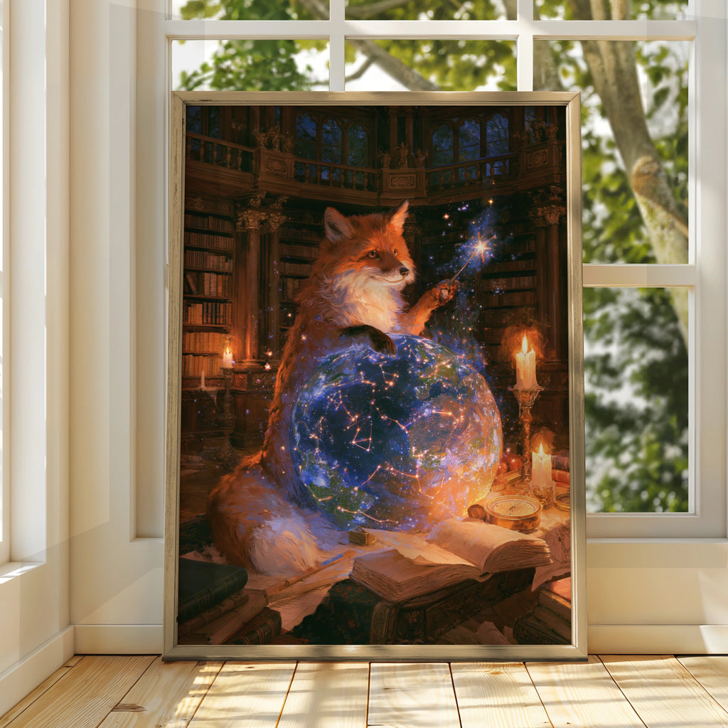 Fox Celestial Observatory Poster, Magical Library Wall Art, Fantasy Print