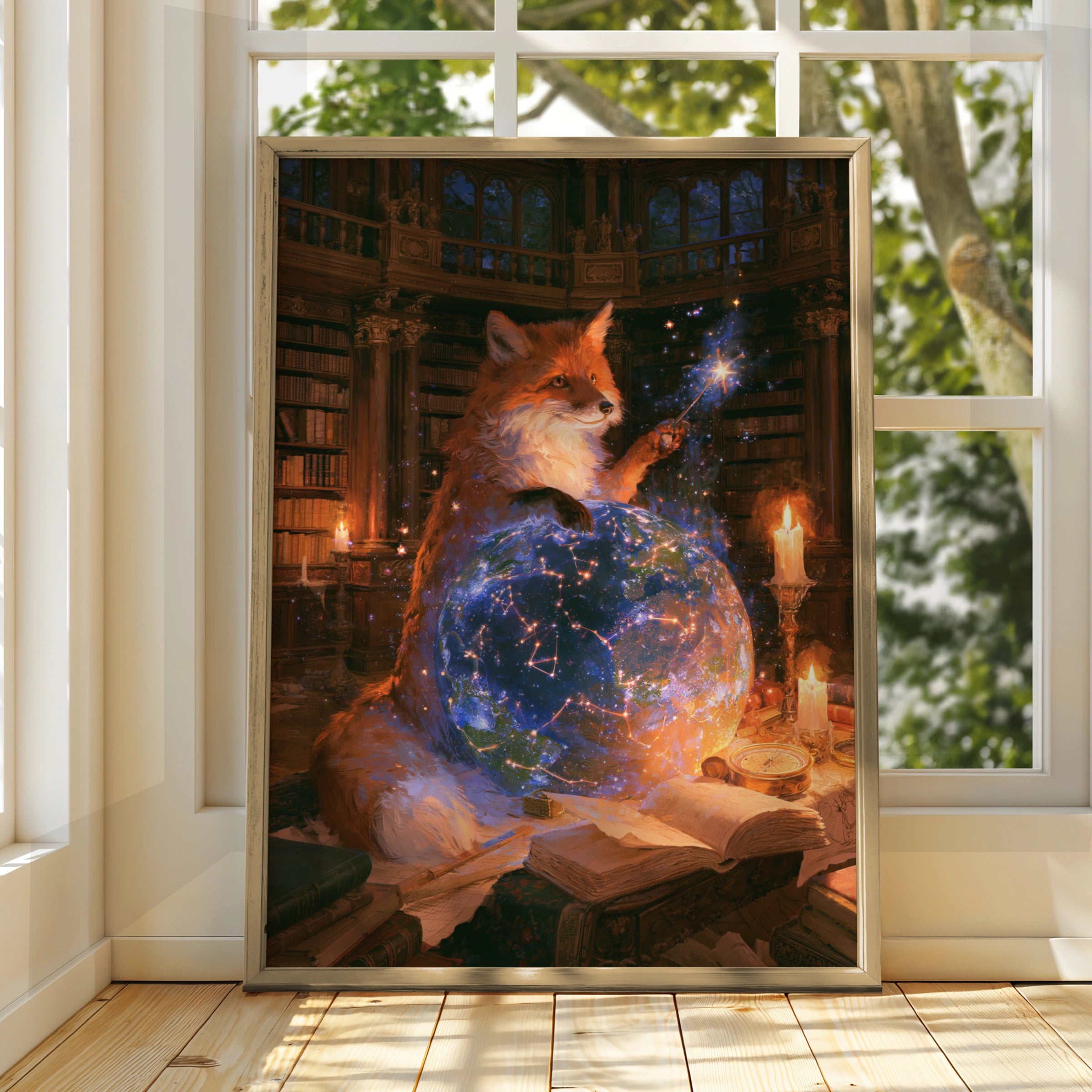 Fox Celestial Observatory Poster, Magical Library Wall Art, Fantasy Print