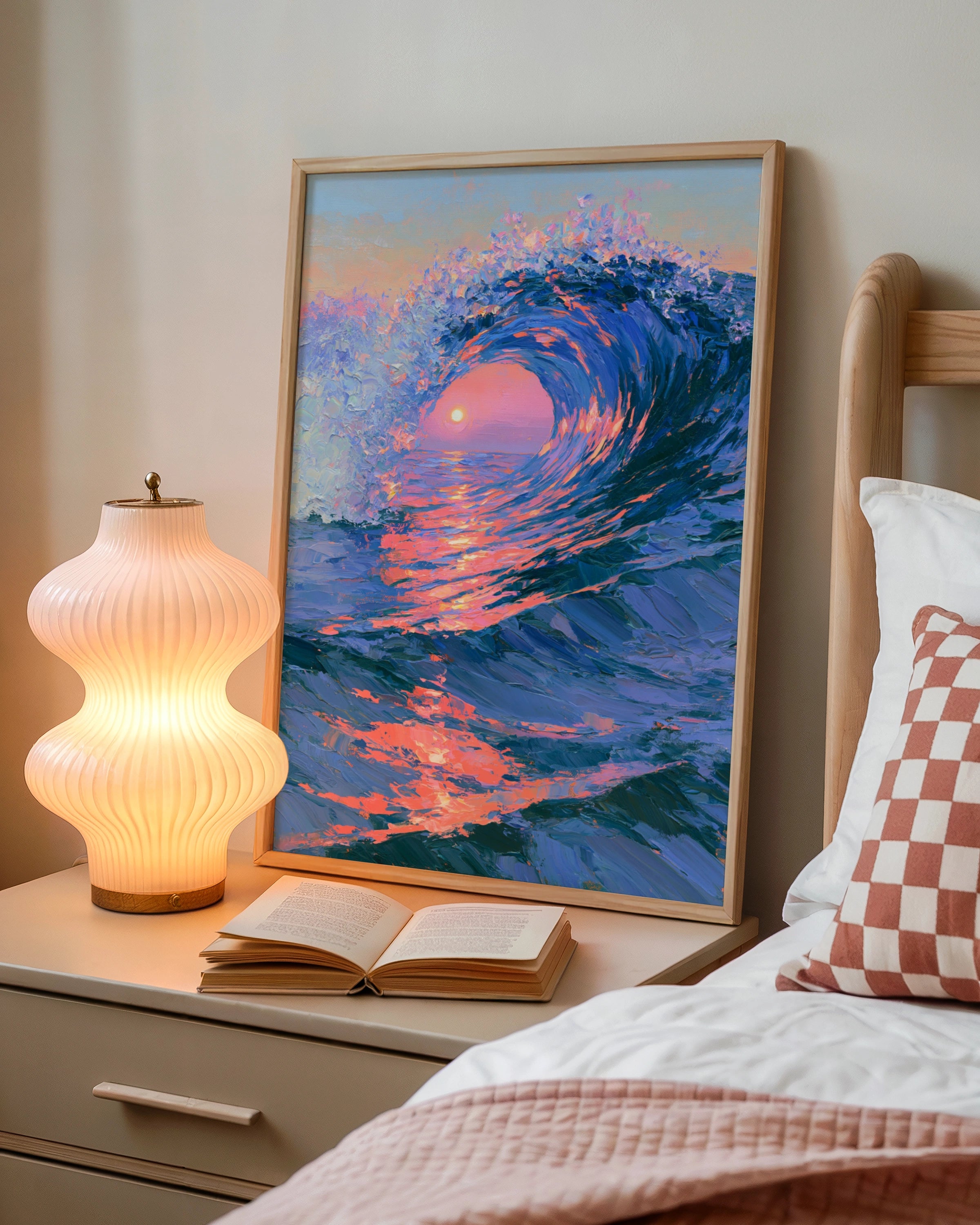 Ocean Wave Sunset Poster, Impressionist Sea Art Print, Blue Pink Wall Art