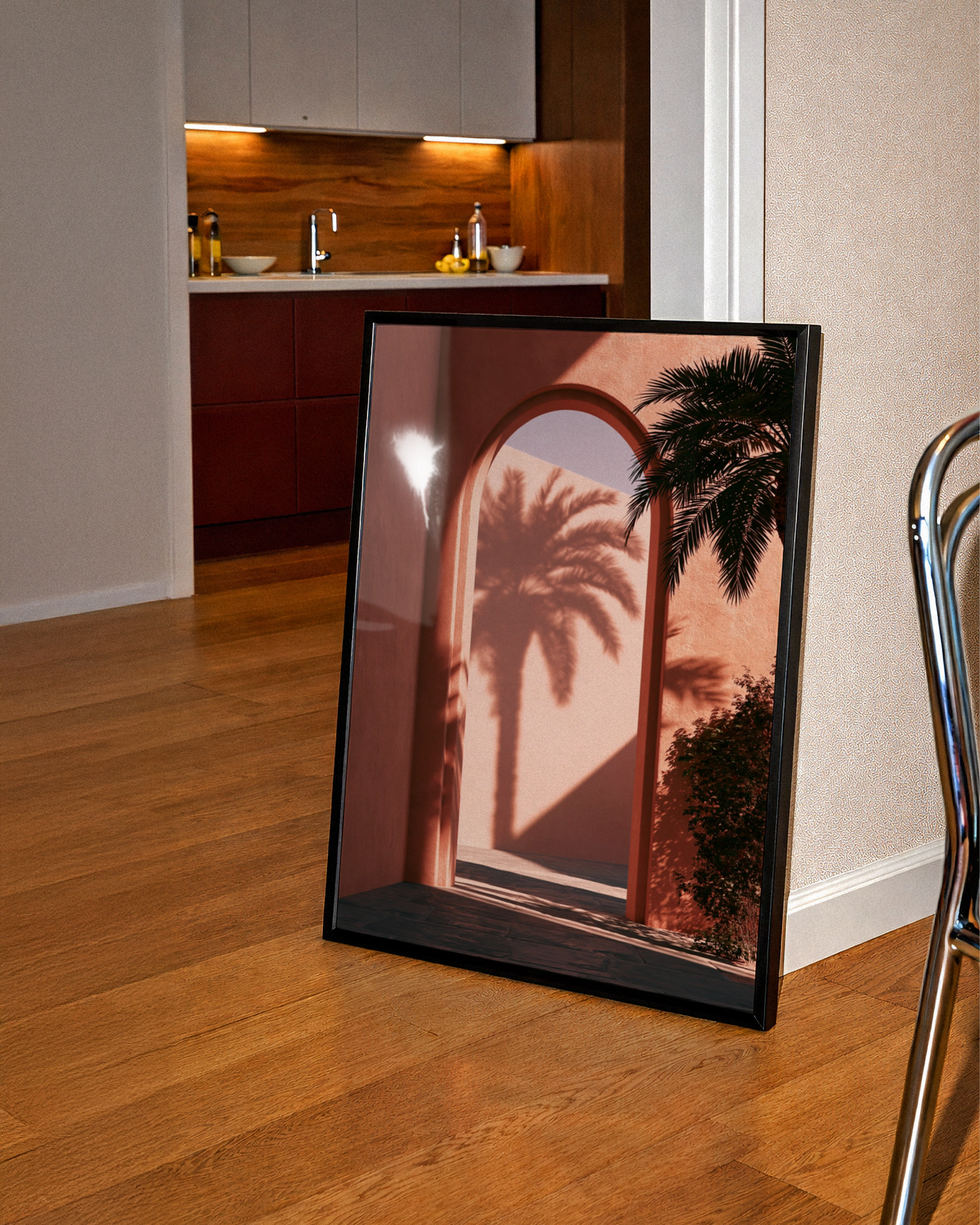 Terracotta Arch Palm Shadow Wall Art Poster, Mediterranean Architecture Print