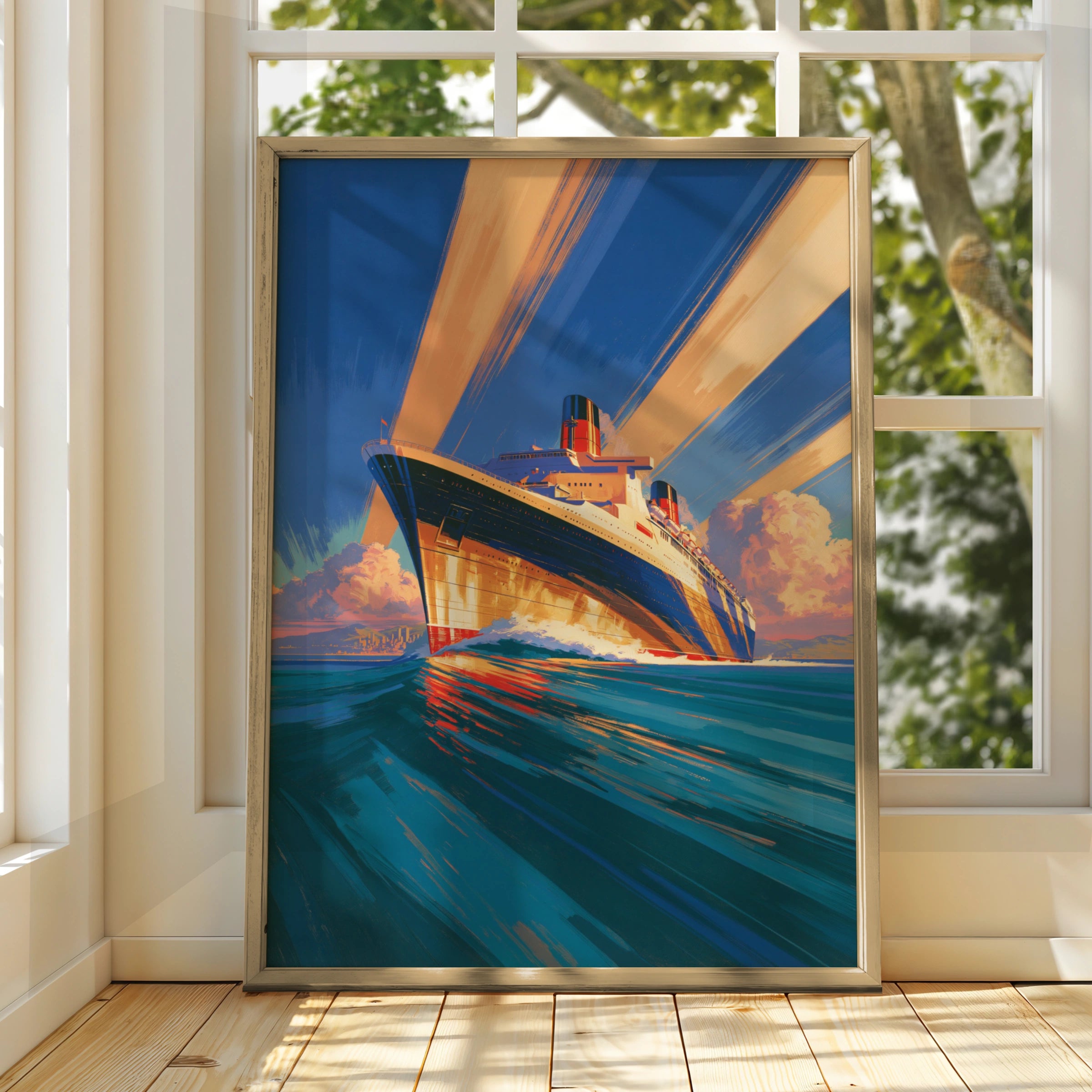 Ocean Liner Ship Poster, Vintage Art Deco Wall Art, Retro Nautical Print