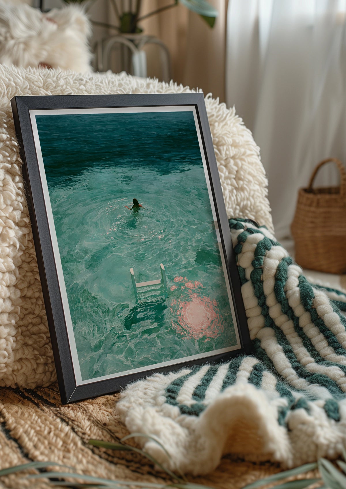 Woman Swimming in Turquoise Sea, Ladder Moon Poster, Dreamy Figurative Art