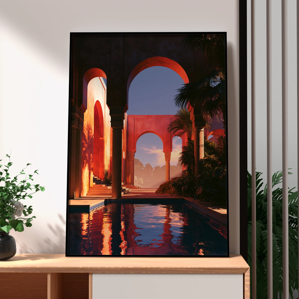 Courtyard Arches Sunset Poster, Terracotta Architecture, Mediterranean Wall Art