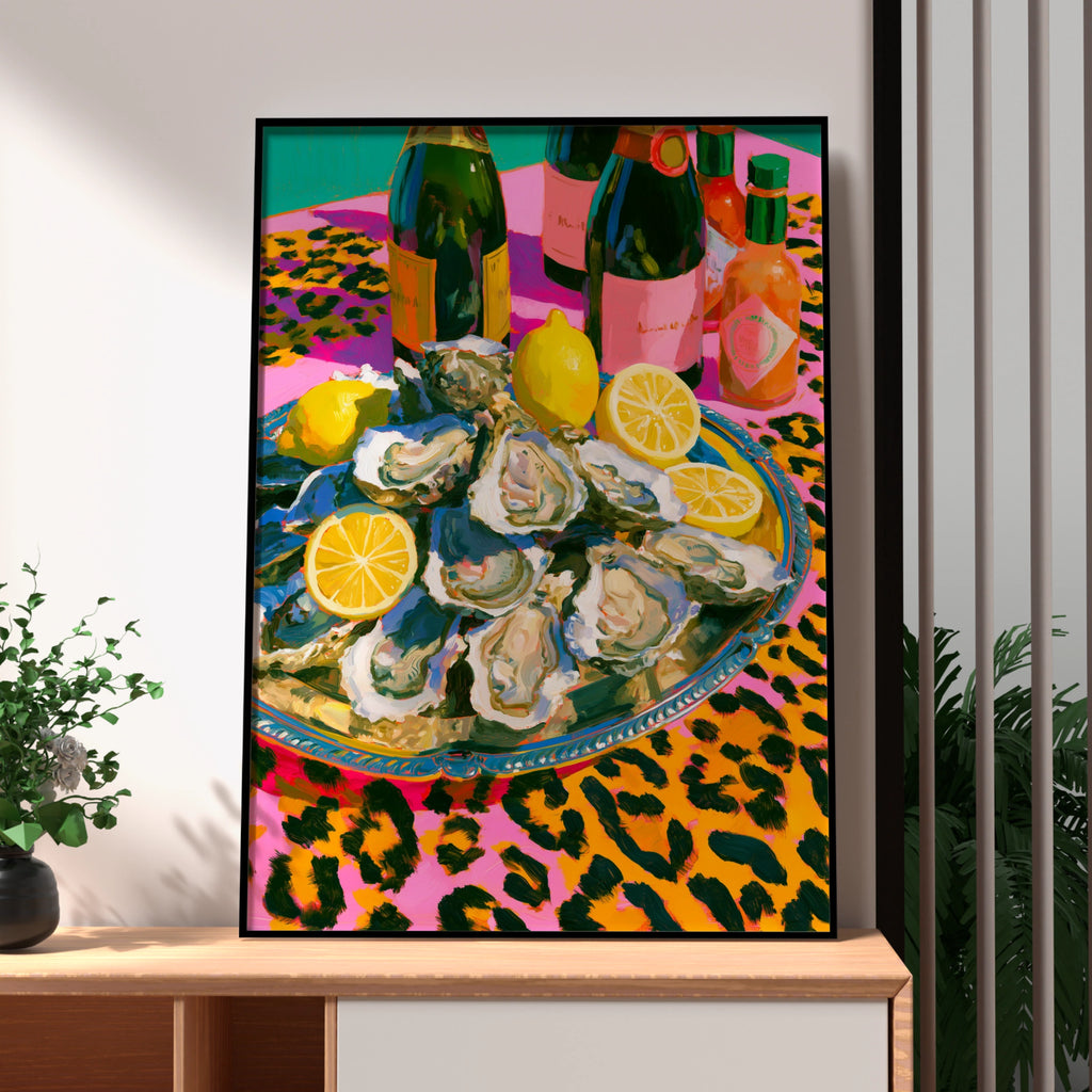 Oysters & Champagne Poster, Leopard Print Still Life, Bold Maximalist Wall Art