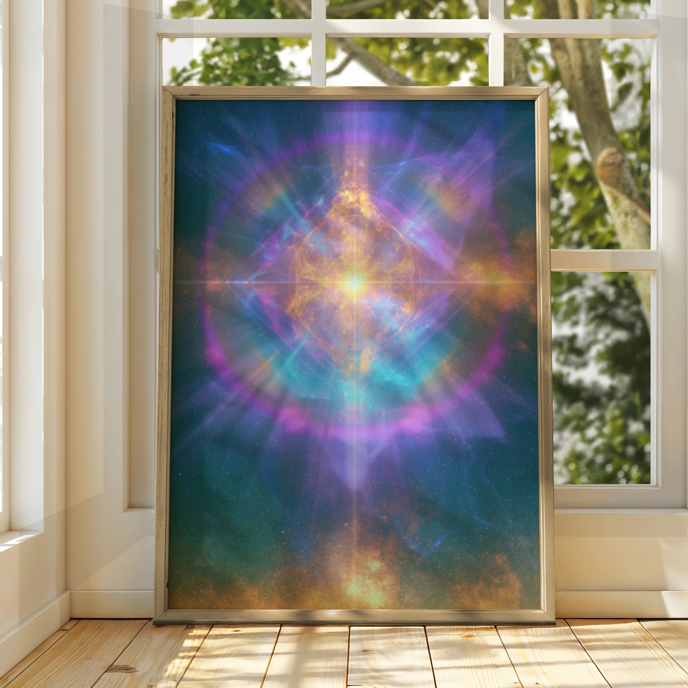 Spiritual Ray Cosmic Light Poster, Sacred Geometry Wall Art, Mystic Space Print