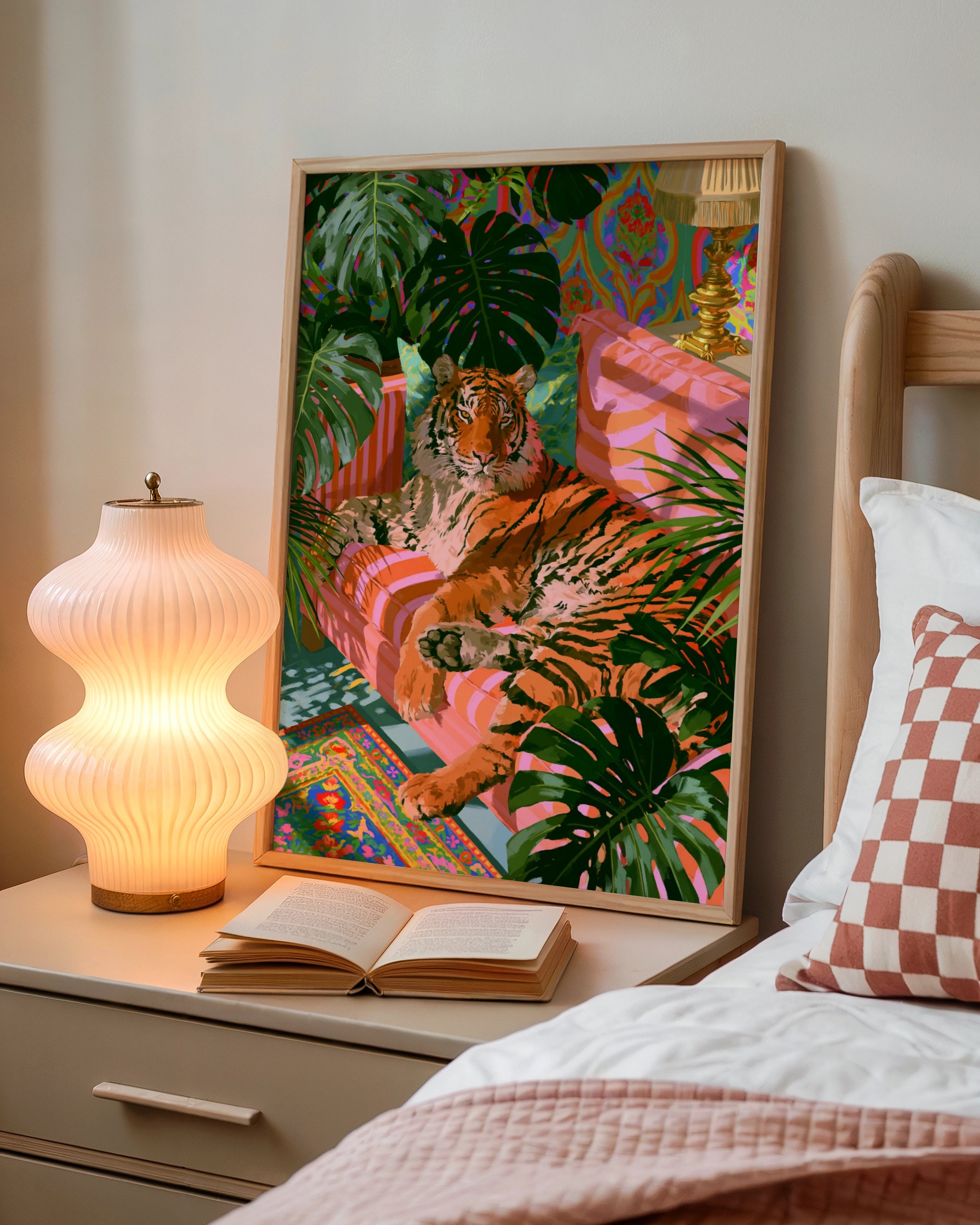 Tiger on Sofa Tropical Plants Poster, Colourful Maximalist Wall Art Print