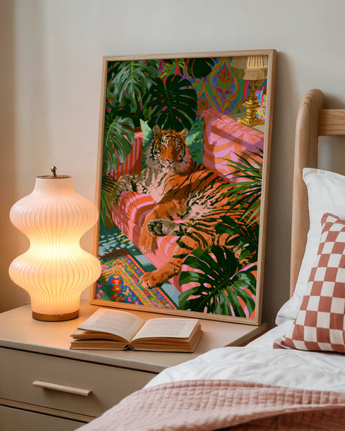 Tiger on Sofa Tropical Plants Poster, Colourful Maximalist Wall Art Print