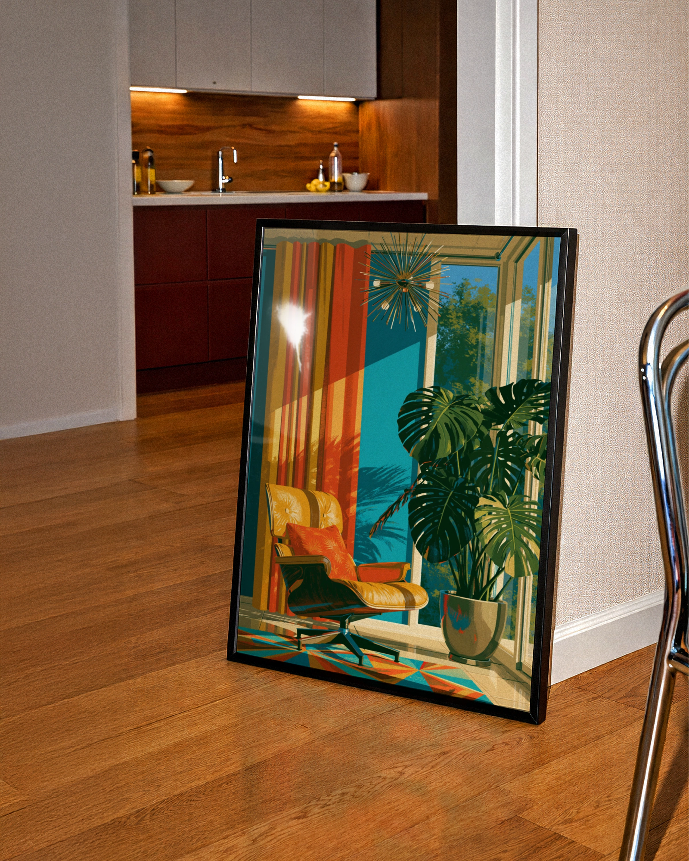 Mid Century Modern Living Room Poster, Retro Lounge Chair, Monstera Plant Print
