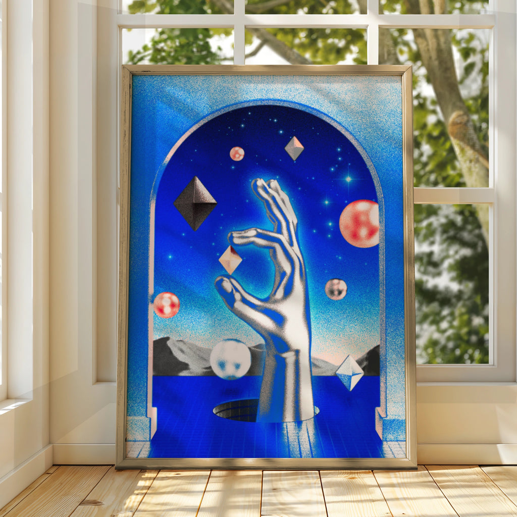Psychedelic Hand Cosmic Poster, Surreal Blue Space Wall Art, Geometric
