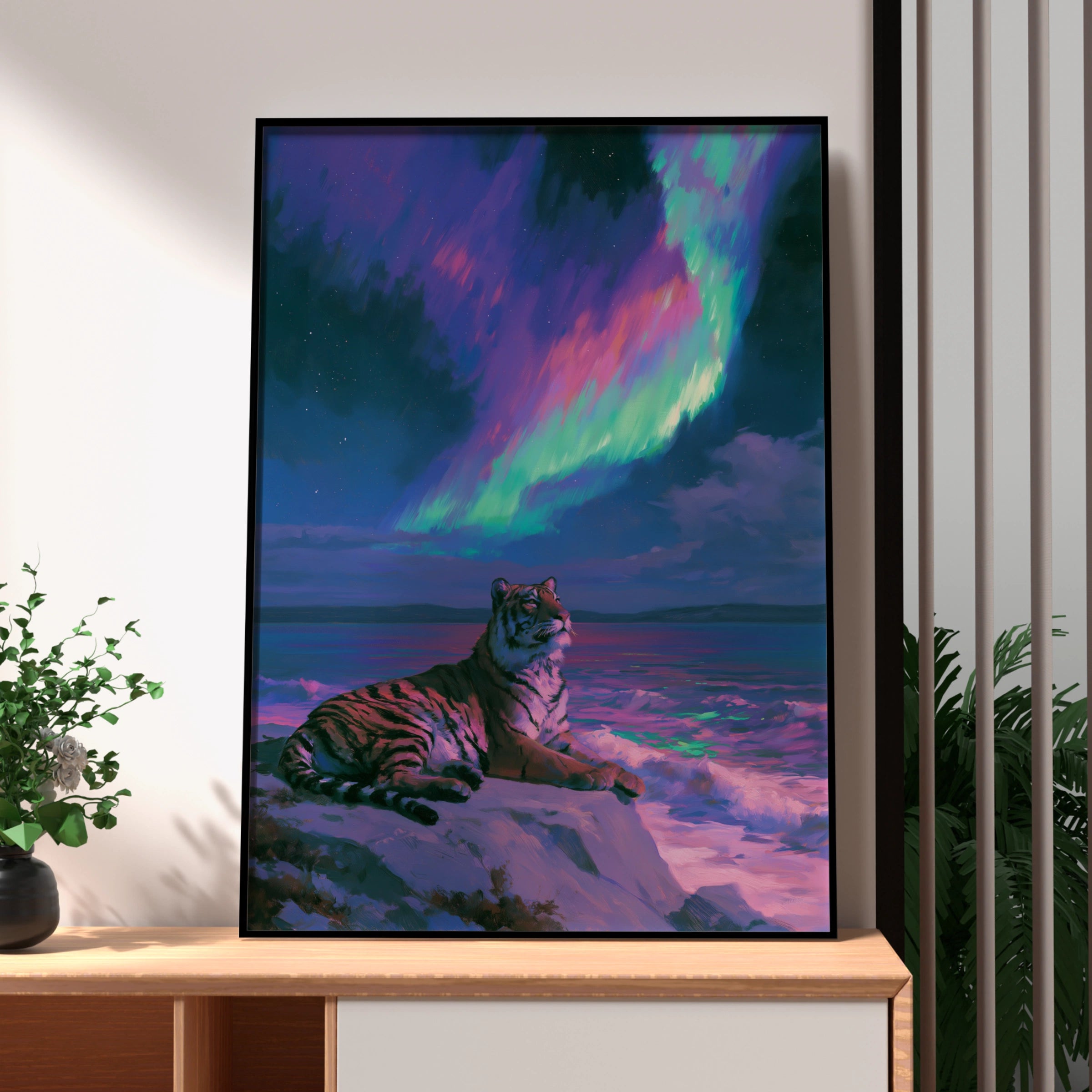Tiger Aurora Borealis Poster, Northern Lights Wildlife Art Print, Vivid Night Sky