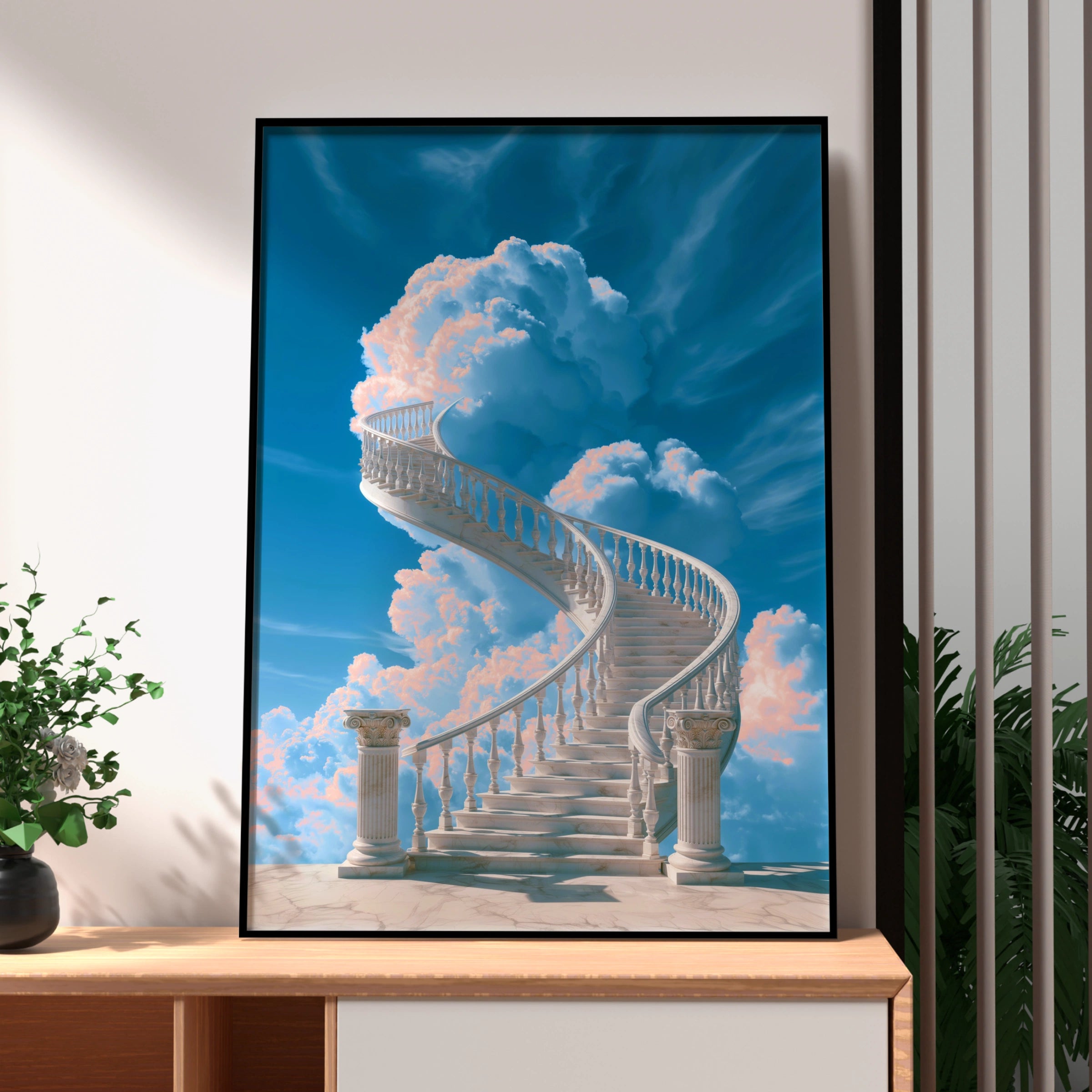Stairway to Heaven Poster, Marble Spiral Staircase, Classical Columns, Sky Art Print