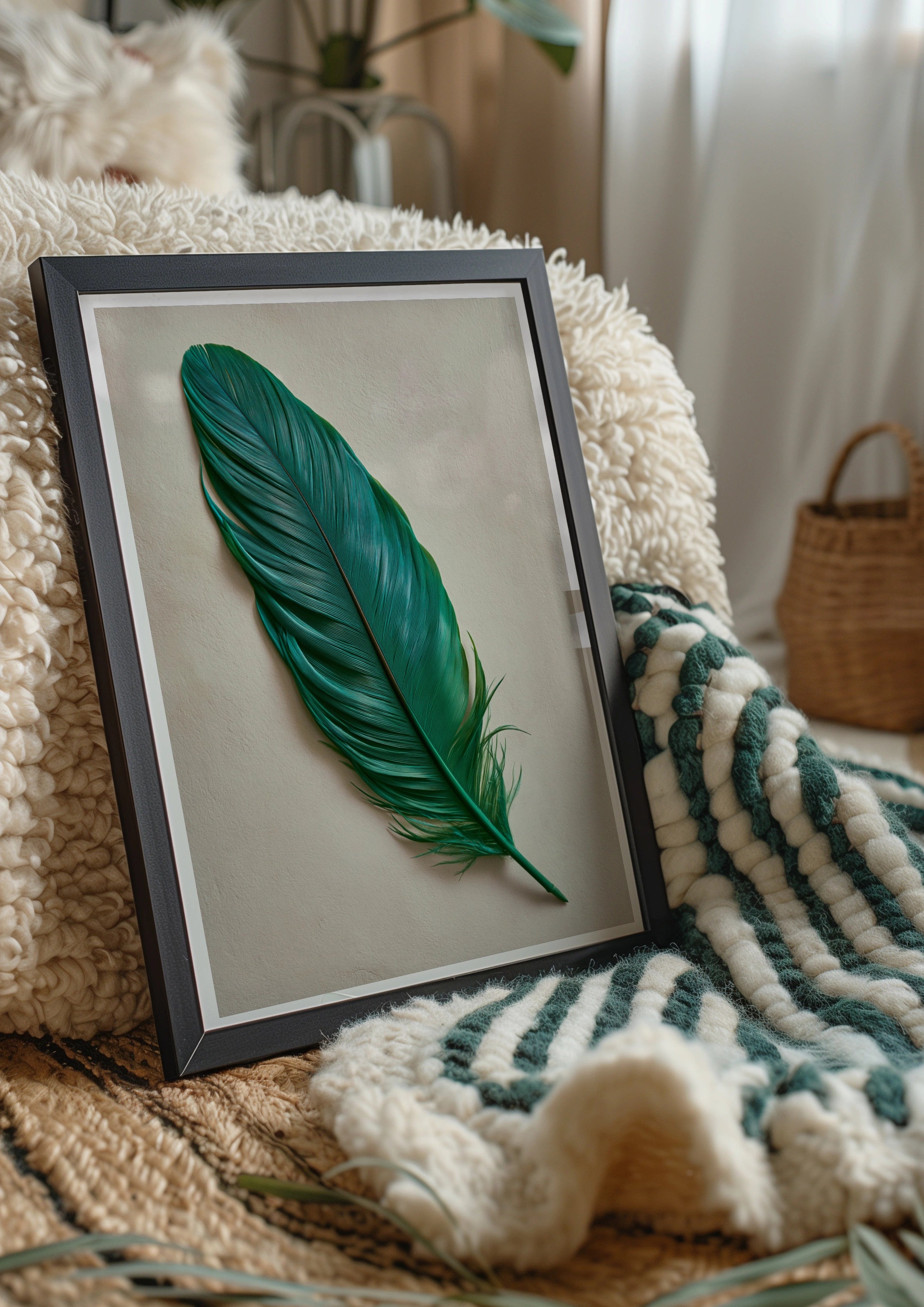 Green Feather Wall Art Poster, Teal Nature Print, Minimalist Botanical