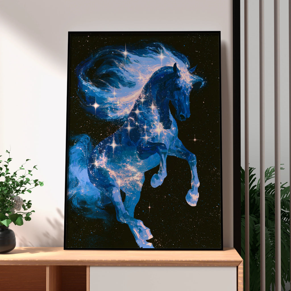 Celestial Horse Stars Poster, Galaxy Stallion Wall Art, Cosmic Blue Print