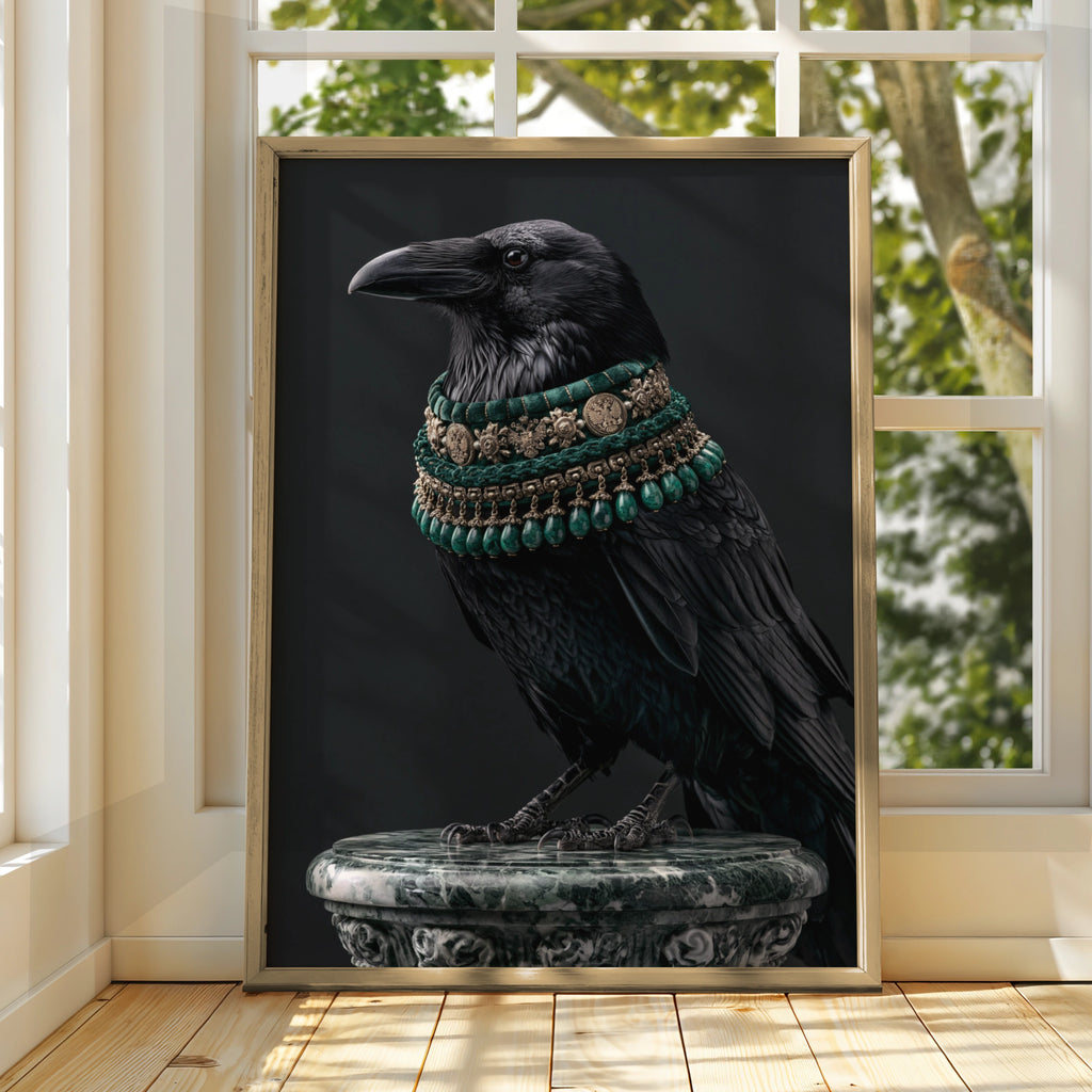 Raven With Green Jewelled Necklace Wall Art Poster, Dark Gothic Bird Print