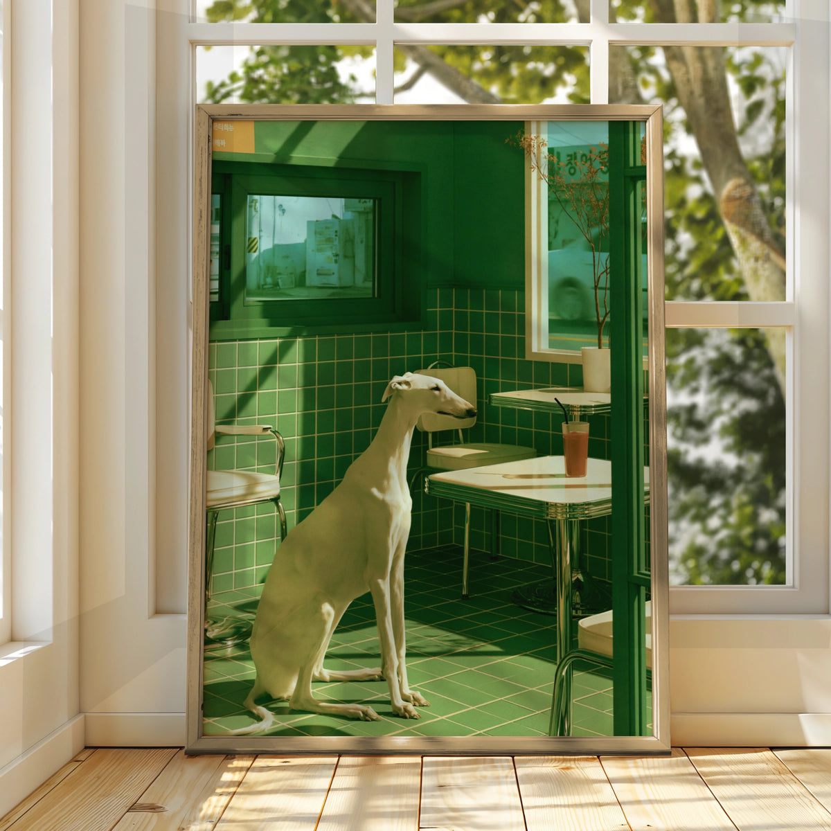 White Greyhound in Green Diner Poster, Surreal Dog Art Print