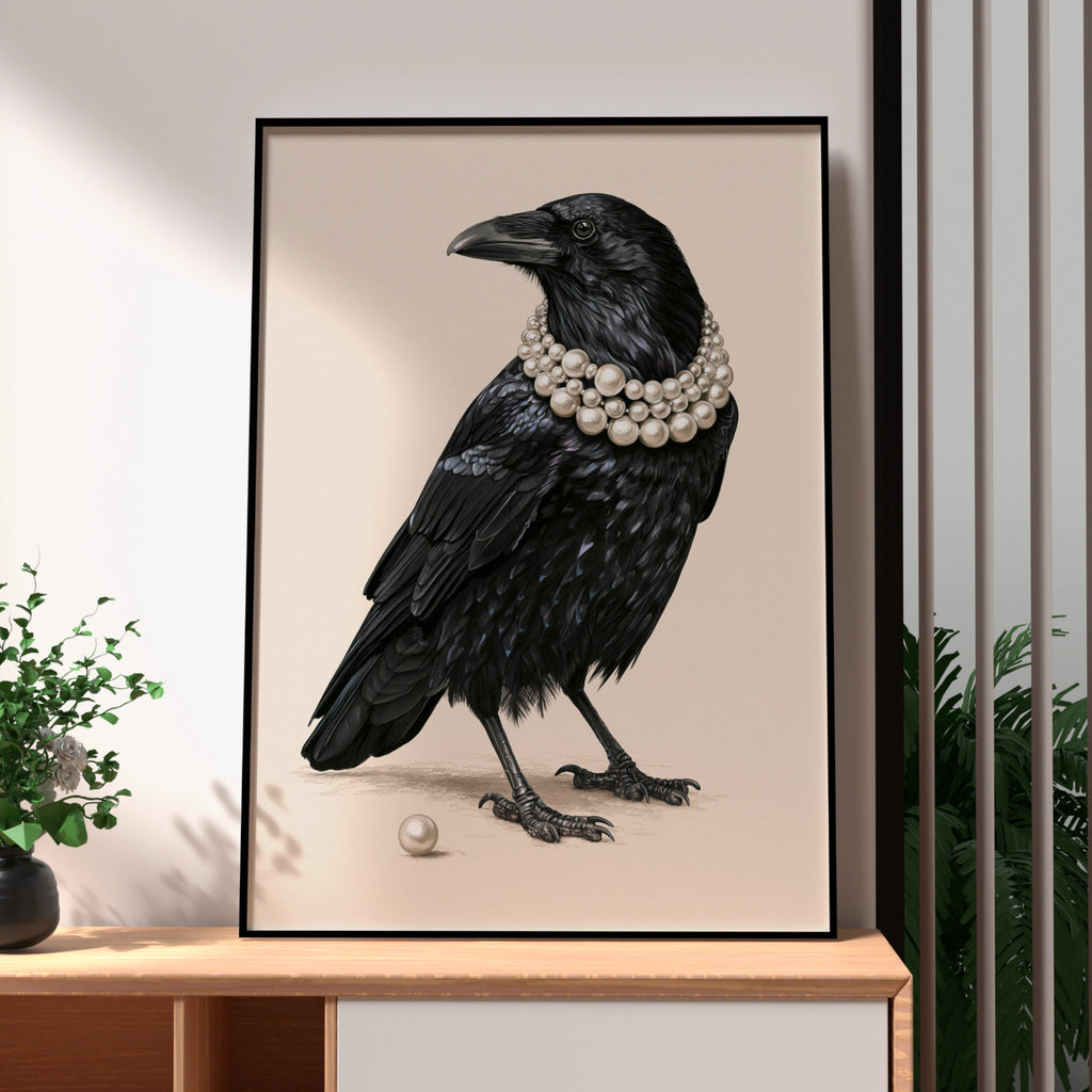 Raven with Pearl Necklace Poster, Black Crow Art Print, Whimsical Bird Wall Art