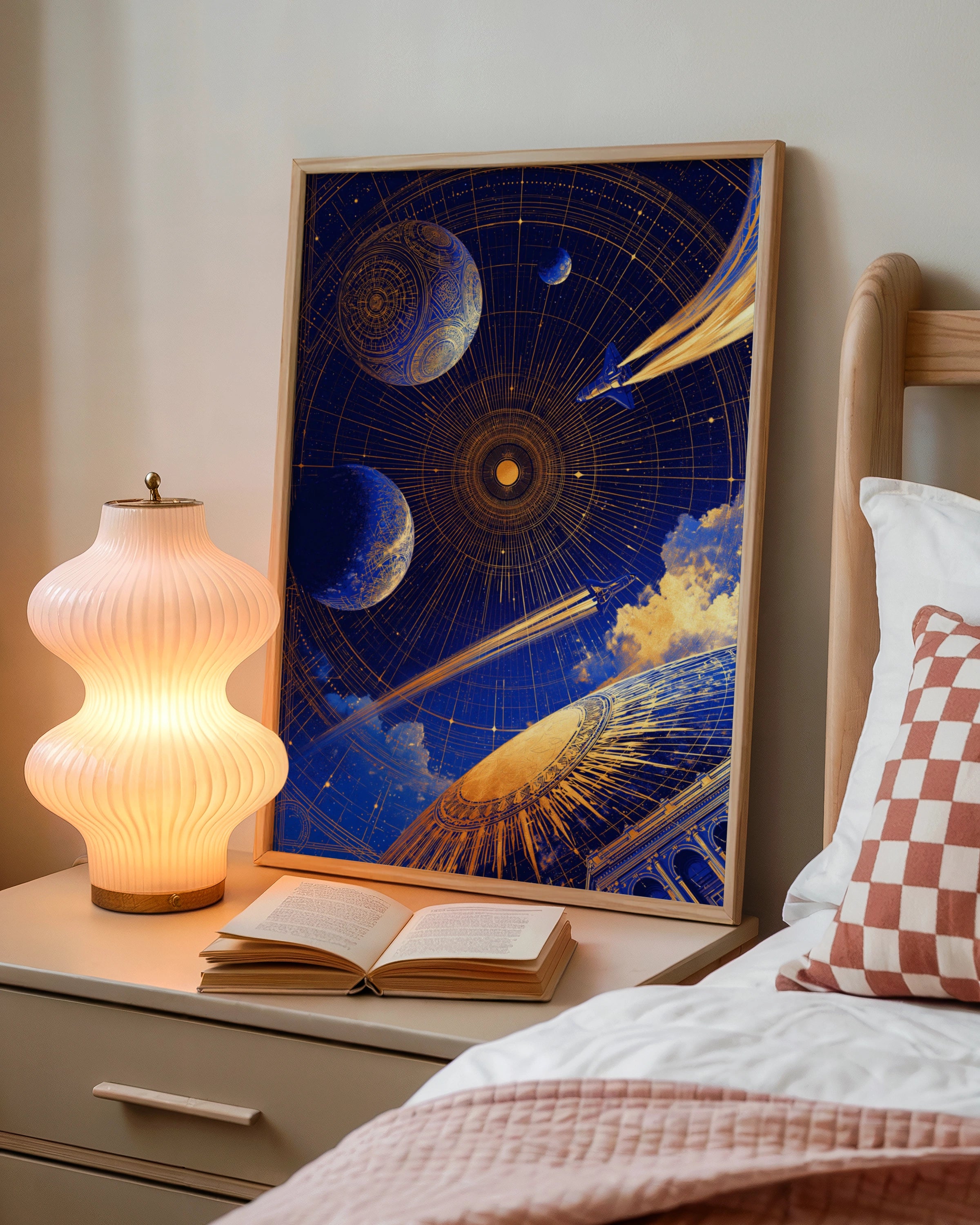 Celestial Space Sky Poster, Blue Gold Galaxy Print, Cosmic Art