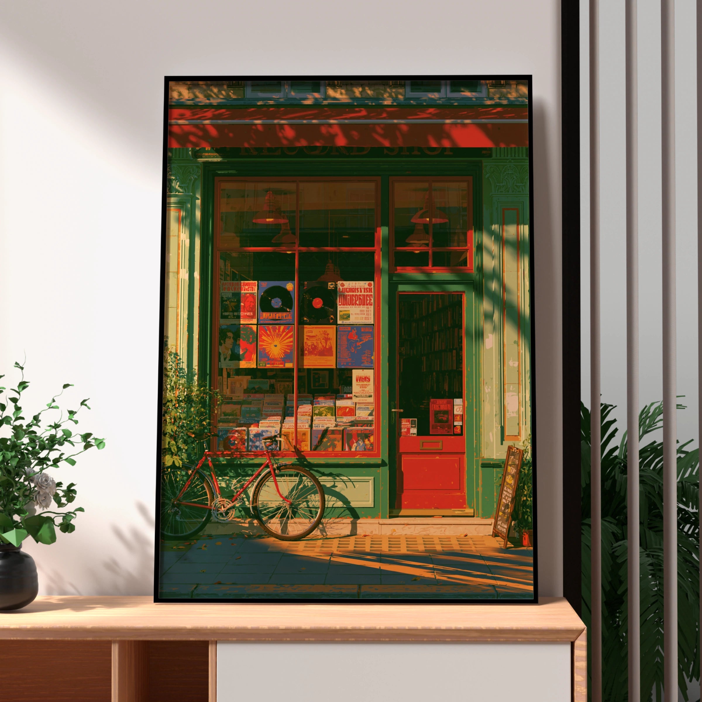 Record Store Poster, Vinyl Shop Street Scene, Retro Music Wall Art