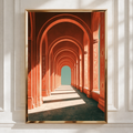 Orange Arch Corridor Poster, Moon Phase Celestial Colonnade, Surreal Architecture Print