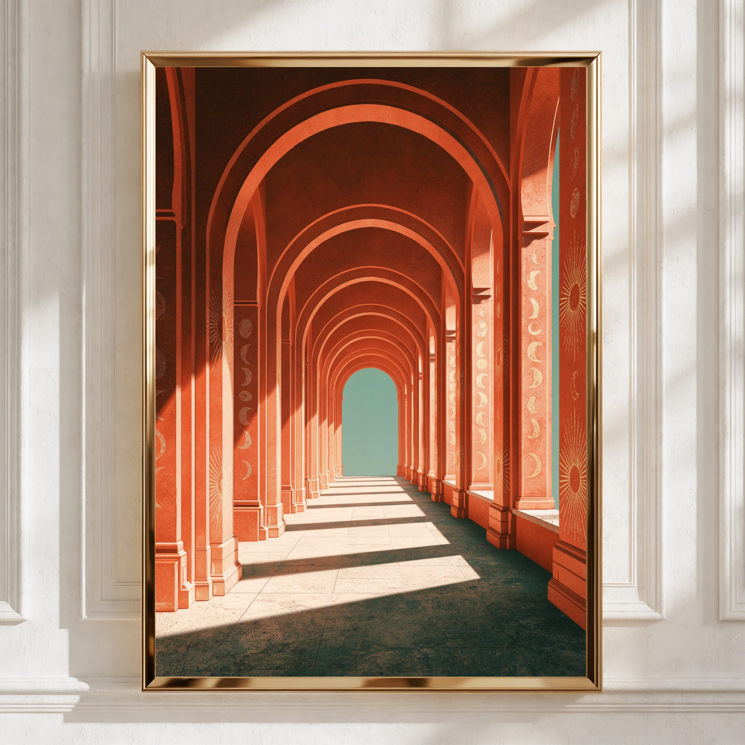 Orange Arch Corridor Poster, Moon Phase Celestial Colonnade, Surreal Architecture Print