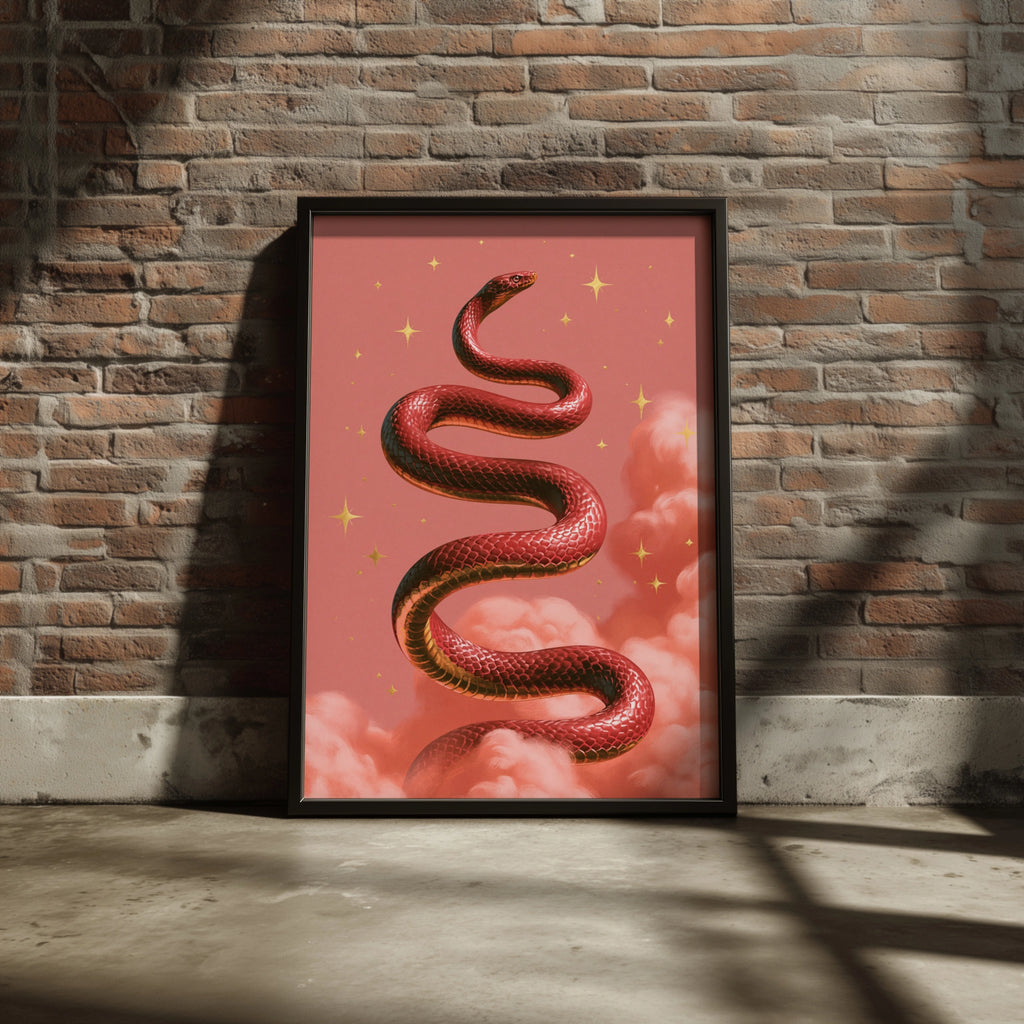 Red Snake Pink Clouds Poster, Celestial Serpent Wall Art, Mystical Print