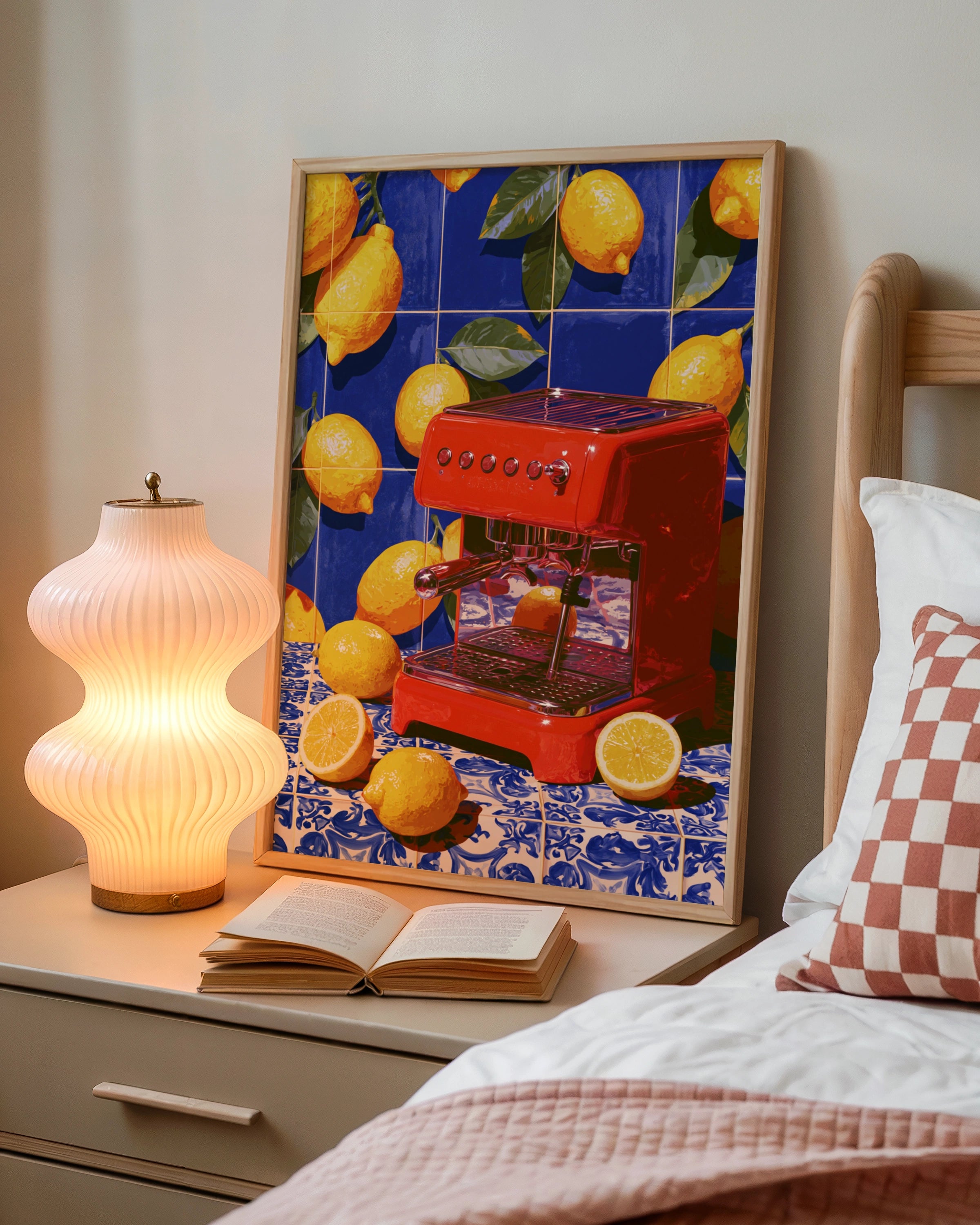 Red Espresso Machine Lemon Tiles Wall Art Poster, Mediterranean Kitchen Print