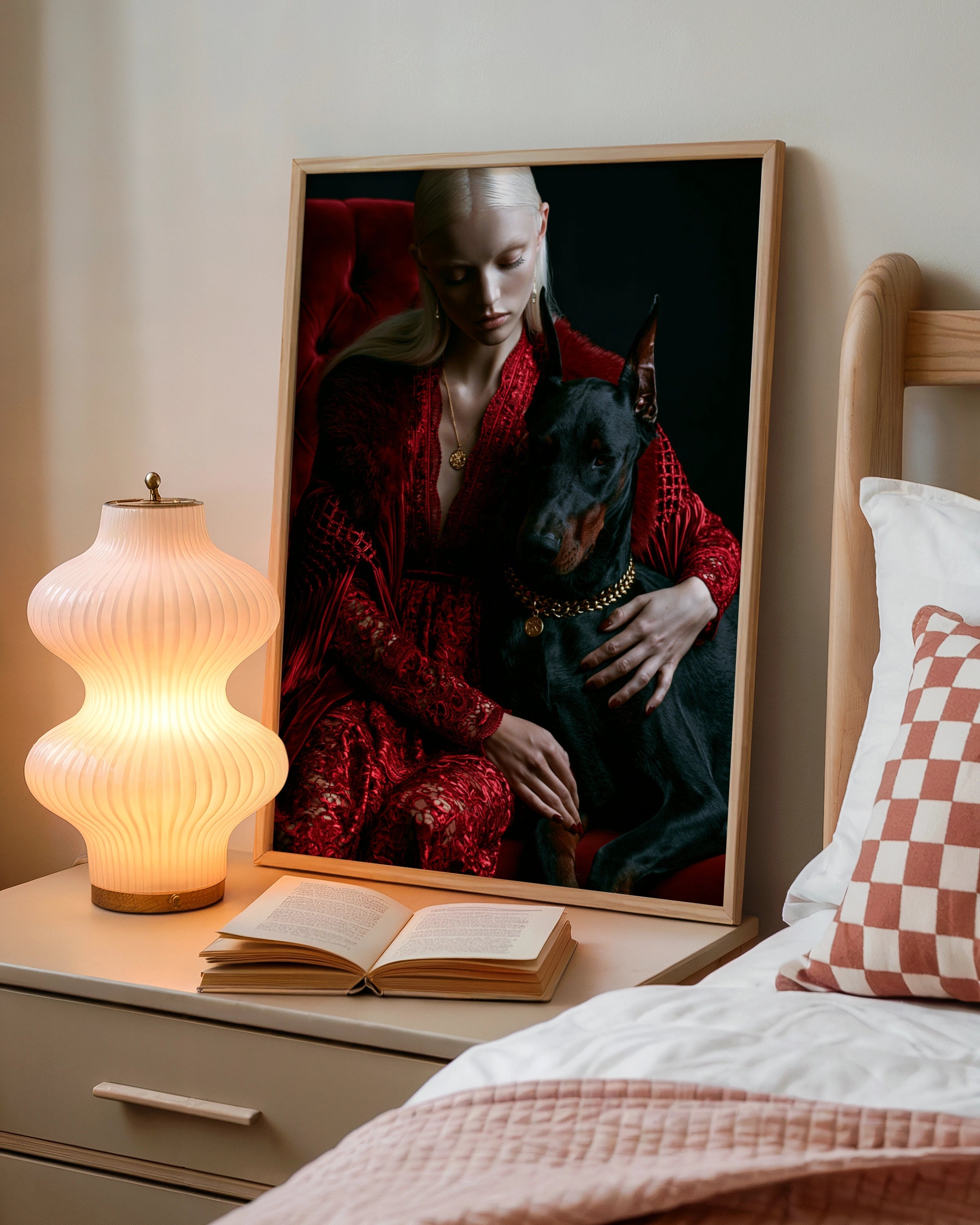 Woman with Dobermann Poster, Red Luxury Fashion Portrait, Dark Dramatic Wall Art