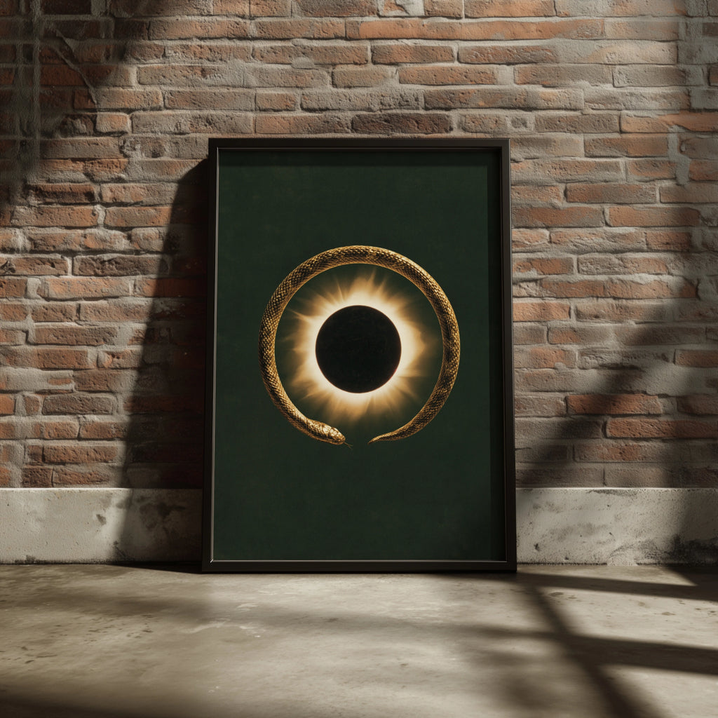 Ouroboros Snake Eclipse Poster, Gold Serpent Wall Art, Dark Mystical Print