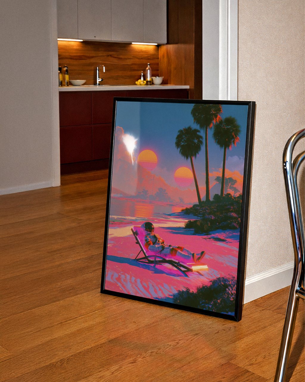 Astronaut on Sun Lounger Beach Poster, Retro Sci-Fi Wall Art, Vaporwave Print