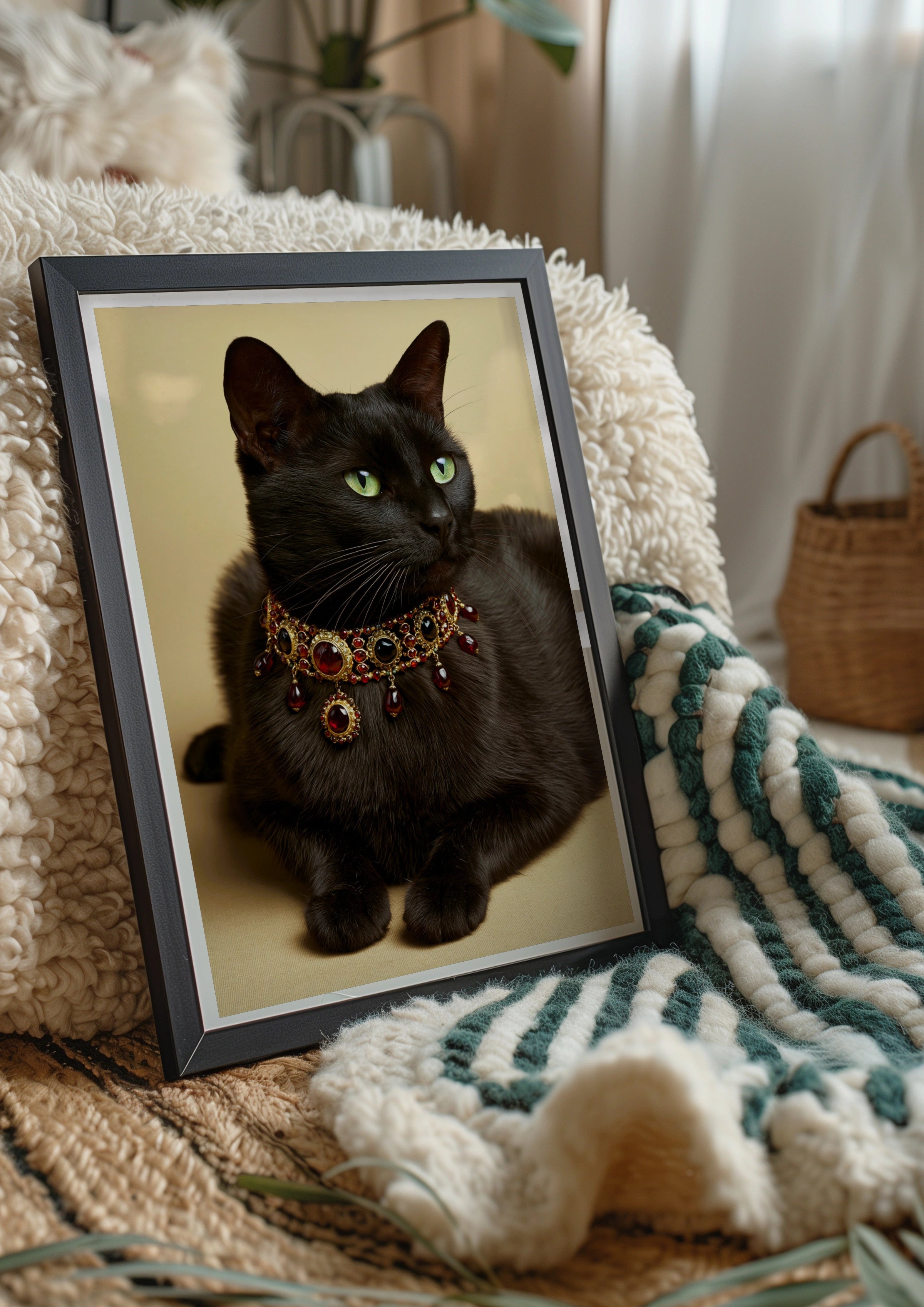 Black Cat Ruby Necklace Poster, Regal Feline Portrait, Jewelled Art Print