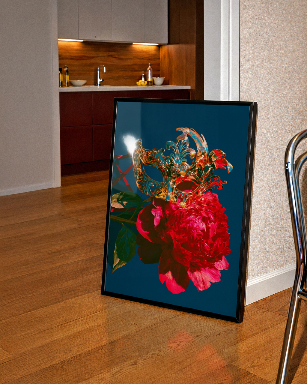 Venetian Mask Rose Wall Art Poster, Gold Masquerade Dark Floral Print