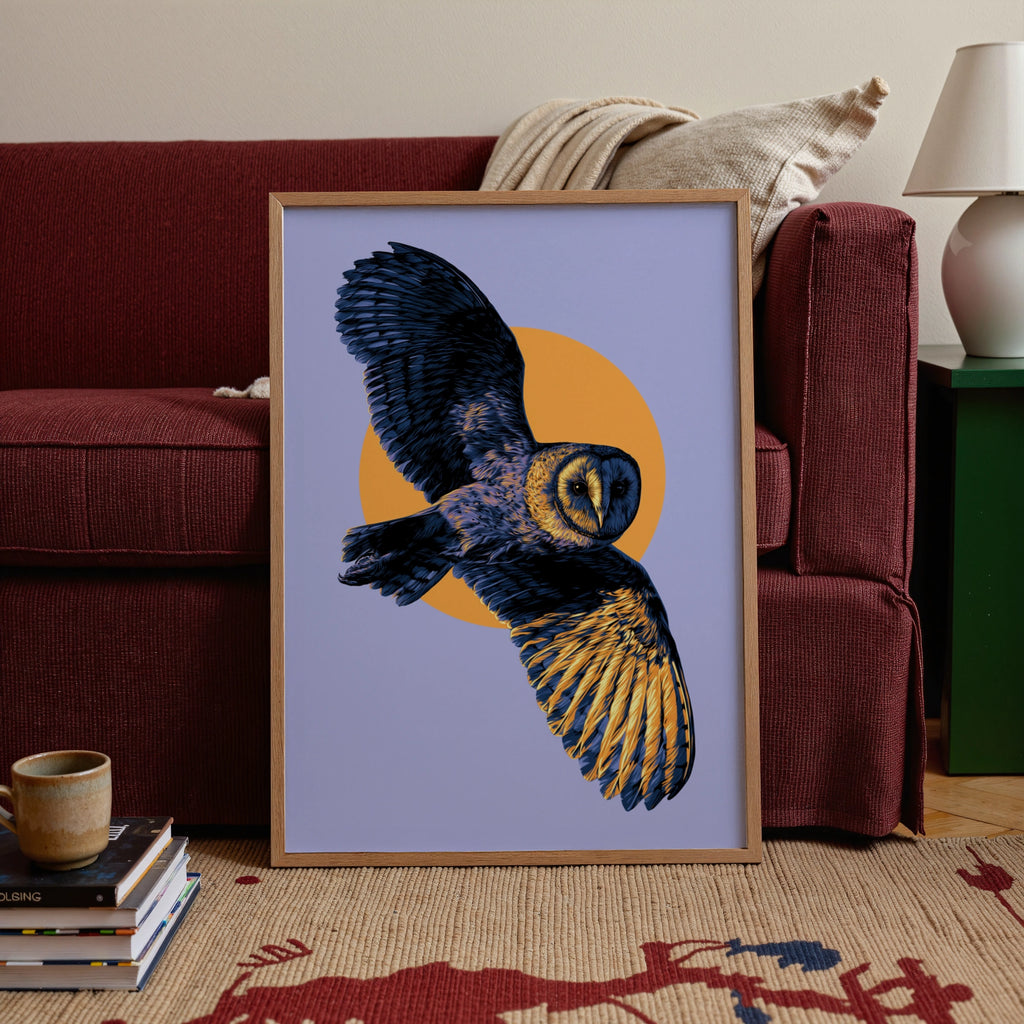 Barn Owl in Flight Poster, Yellow Purple Wildlife Wall Art Print