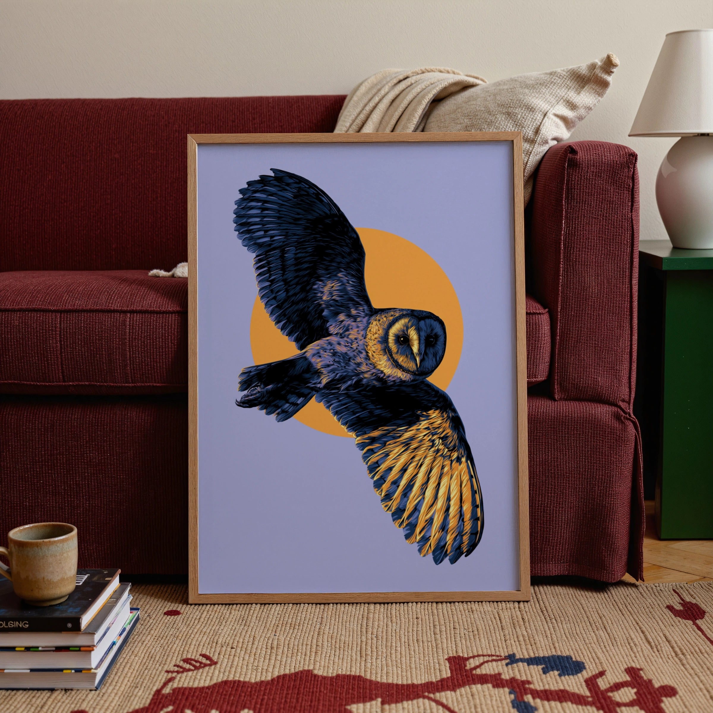 Barn Owl in Flight Poster, Yellow Purple Wildlife Wall Art Print