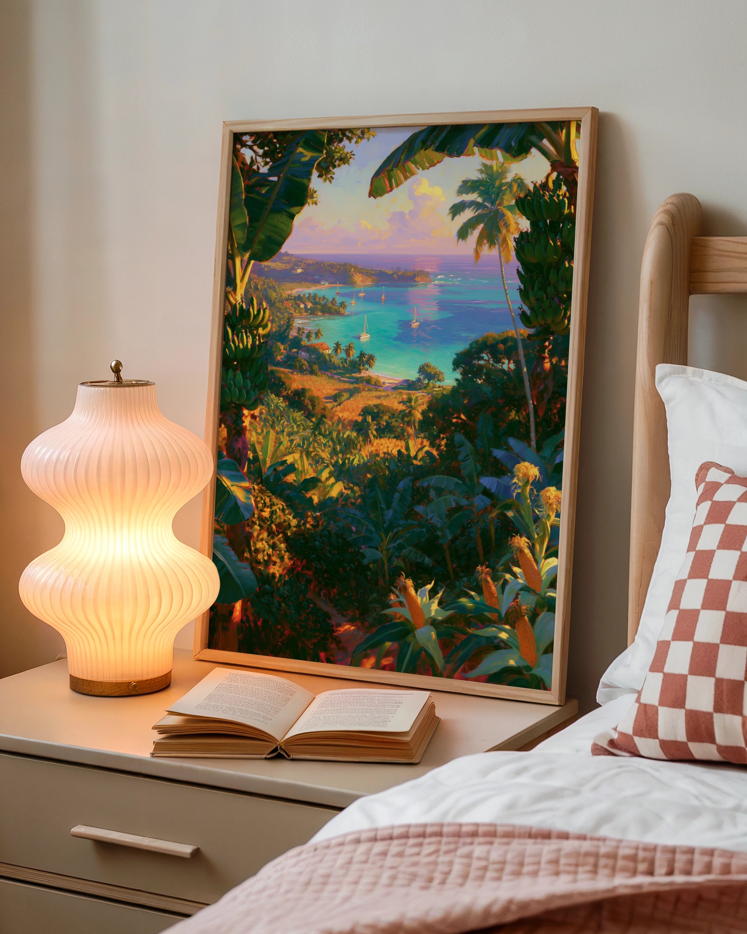 Tropical Beach Bay Poster, Caribbean Jungle View, Sailboat Wall Art Print