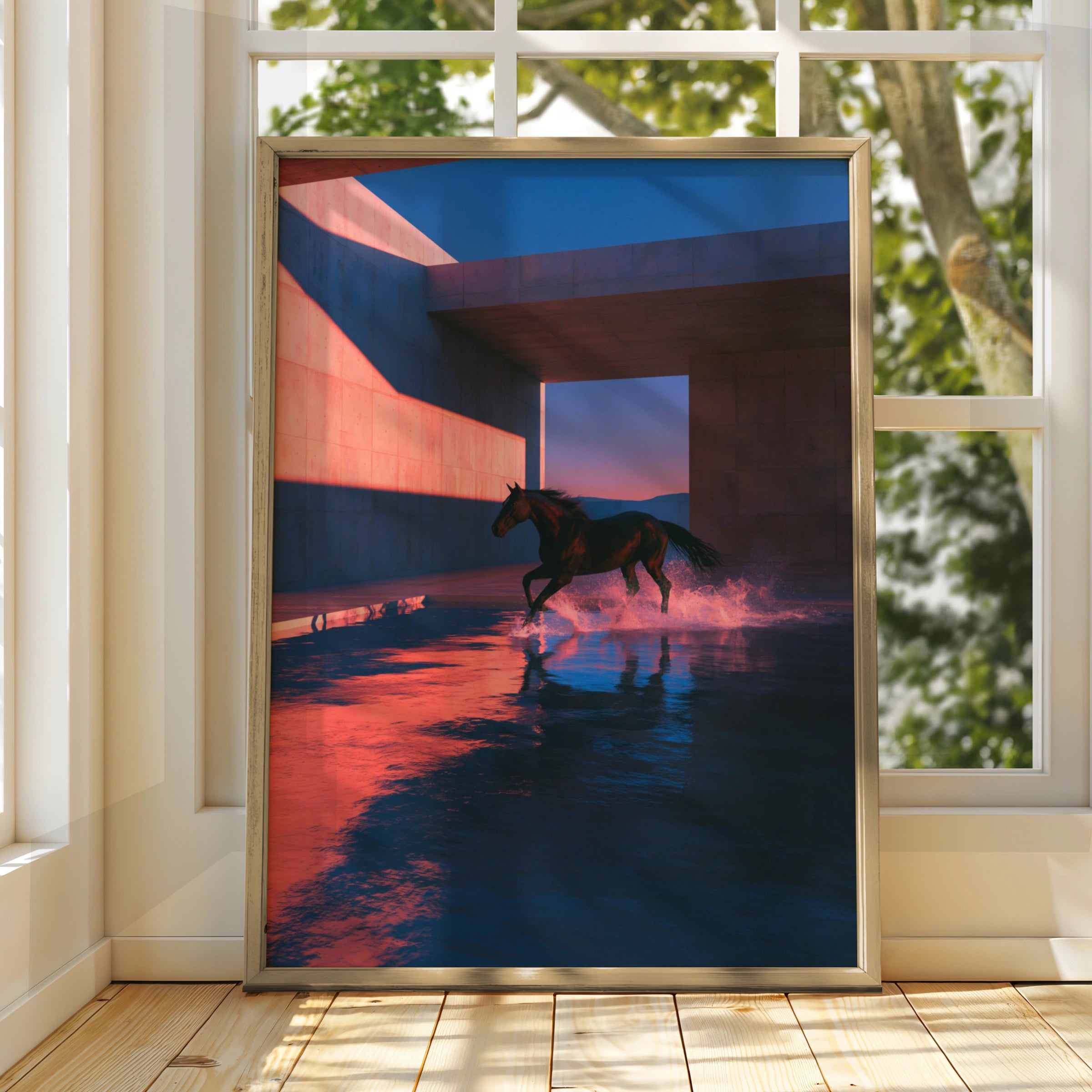 Horse Splashing Water Sunset Poster, Running Horse Wall Art, Moody Dramatic Print